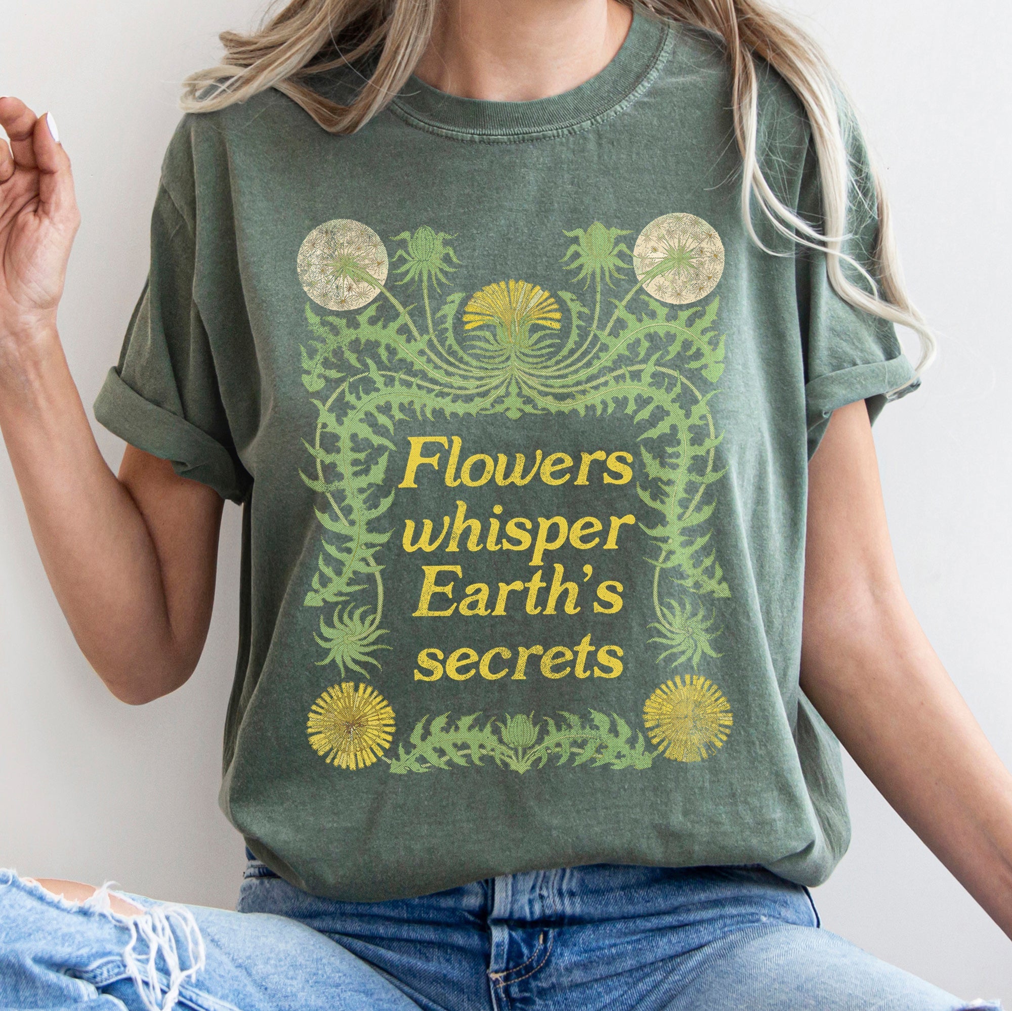 Flowers Whisper Vintage Botanical Floral Artwork With Delicate Script Typeface Comfort Colors Tee