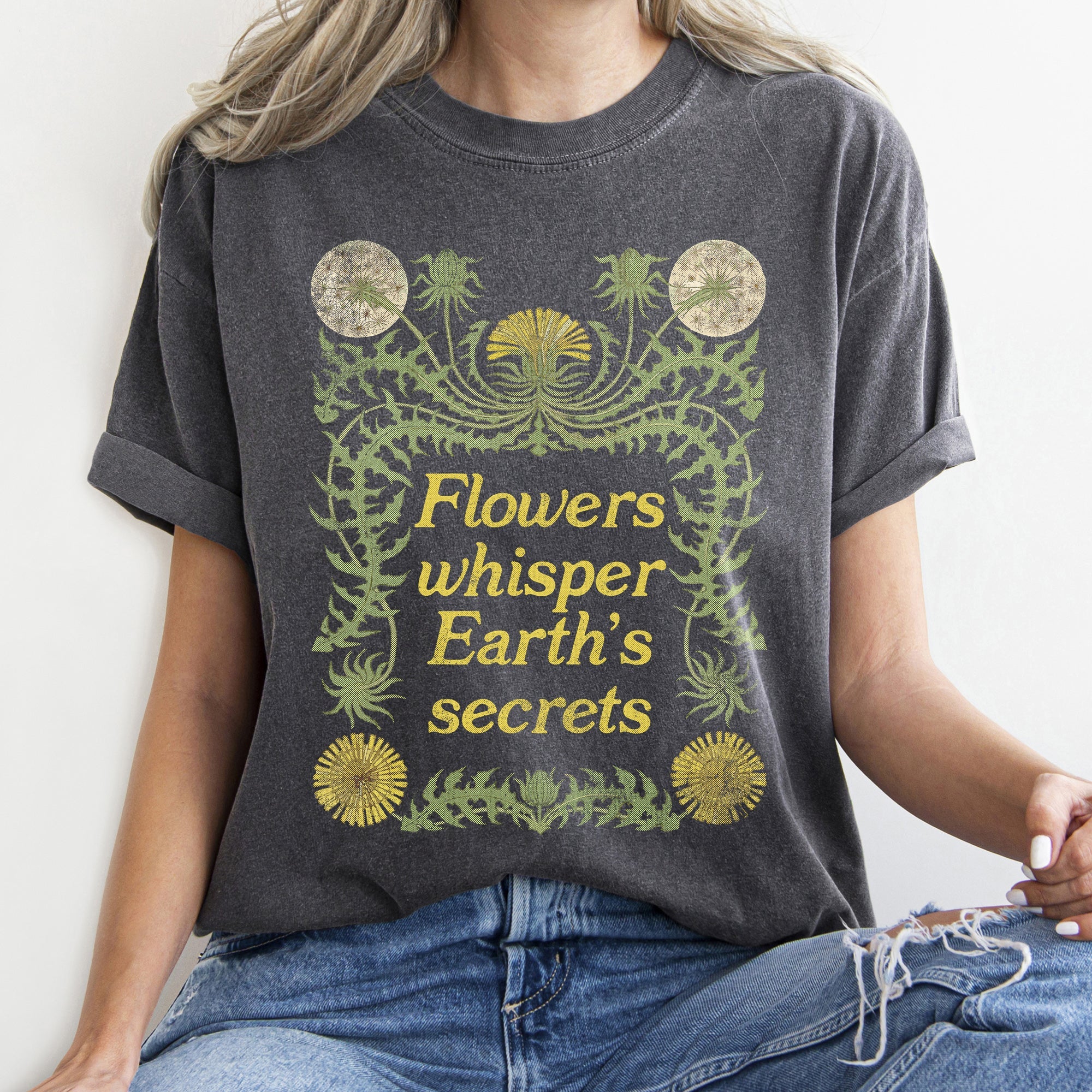 Flowers Whisper Vintage Botanical Floral Artwork With Delicate Script Typeface Comfort Colors Tee