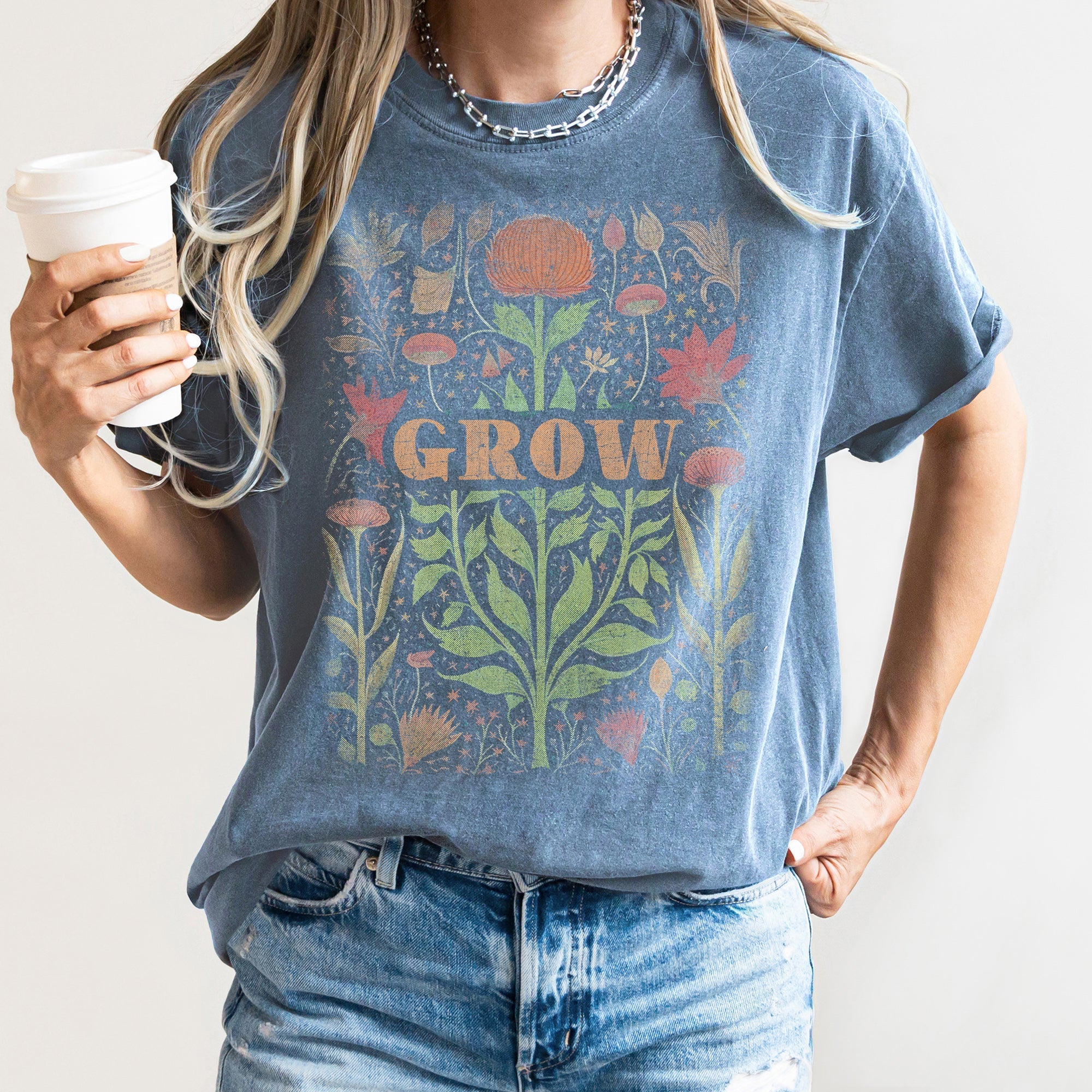 Folk Art Vintage Grow Garden Illustration Hand Drawn Print Vintage Style Artwork Comfort Colors Tee
