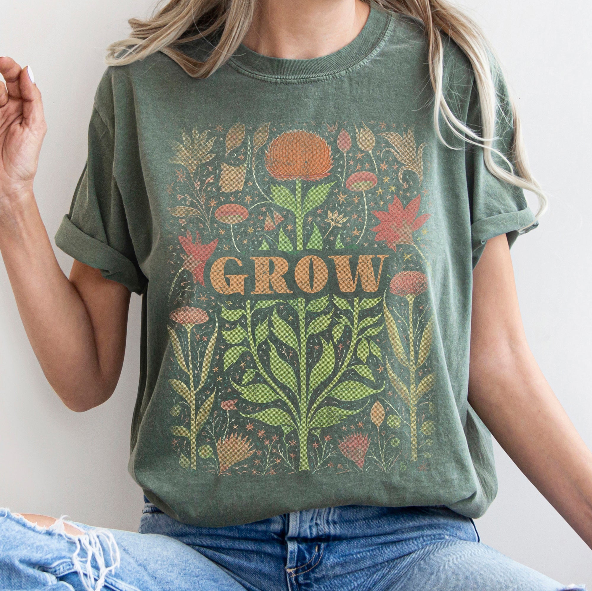 Folk Art Vintage Grow Garden Illustration Hand Drawn Print Vintage Style Artwork Comfort Colors Tee