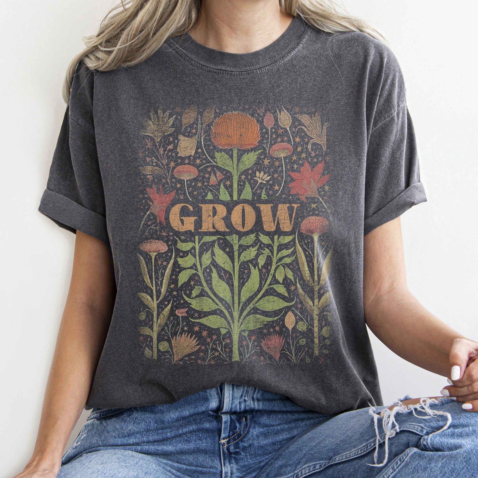 Folk Art Vintage Grow Garden Illustration Hand Drawn Print Vintage Style Artwork Comfort Colors Tee