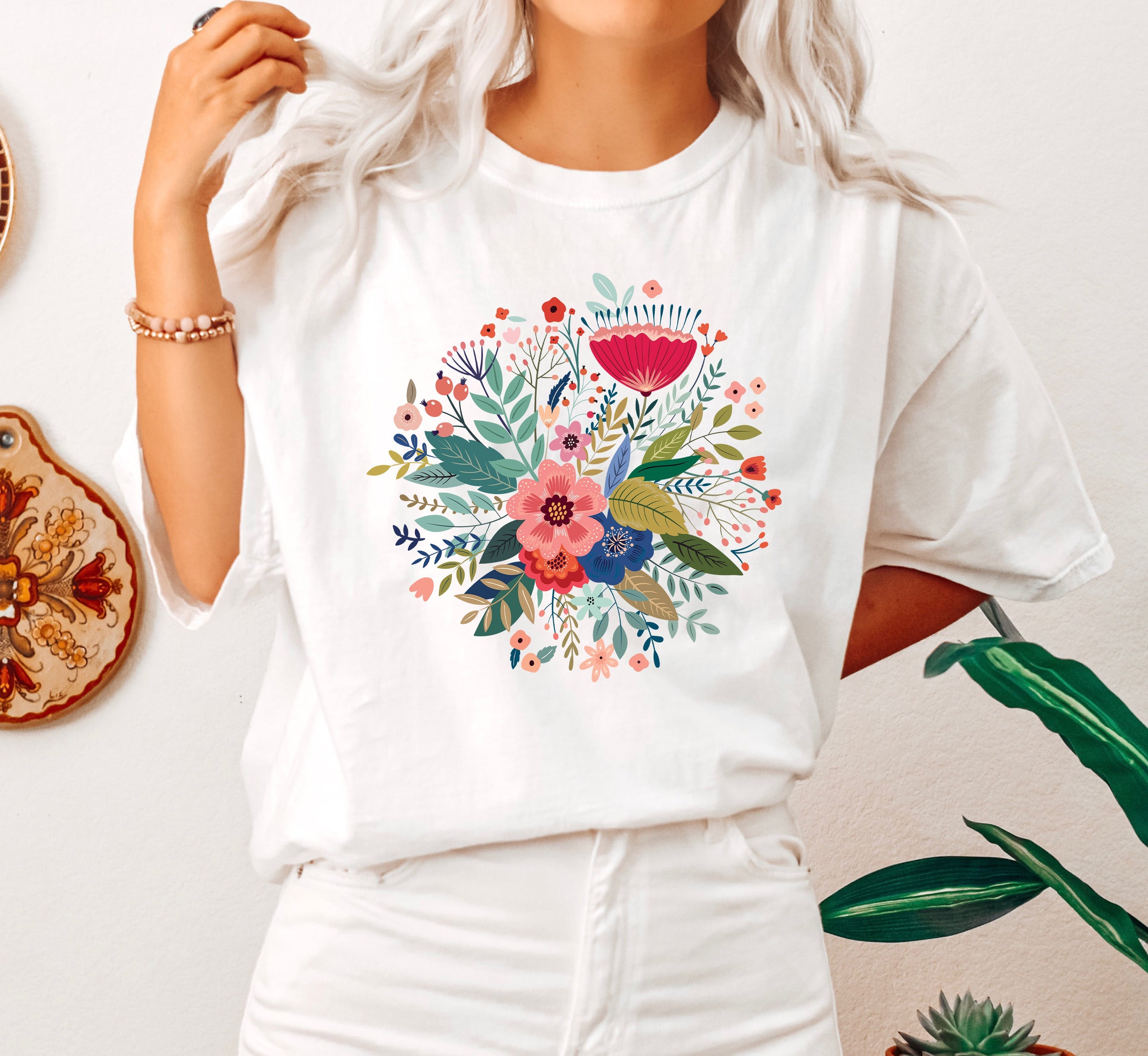 Chic Folk Flowers Botanical Nature Inspired Floral Pattern Vintage Handcrafted Edition Comfort Colors Tee