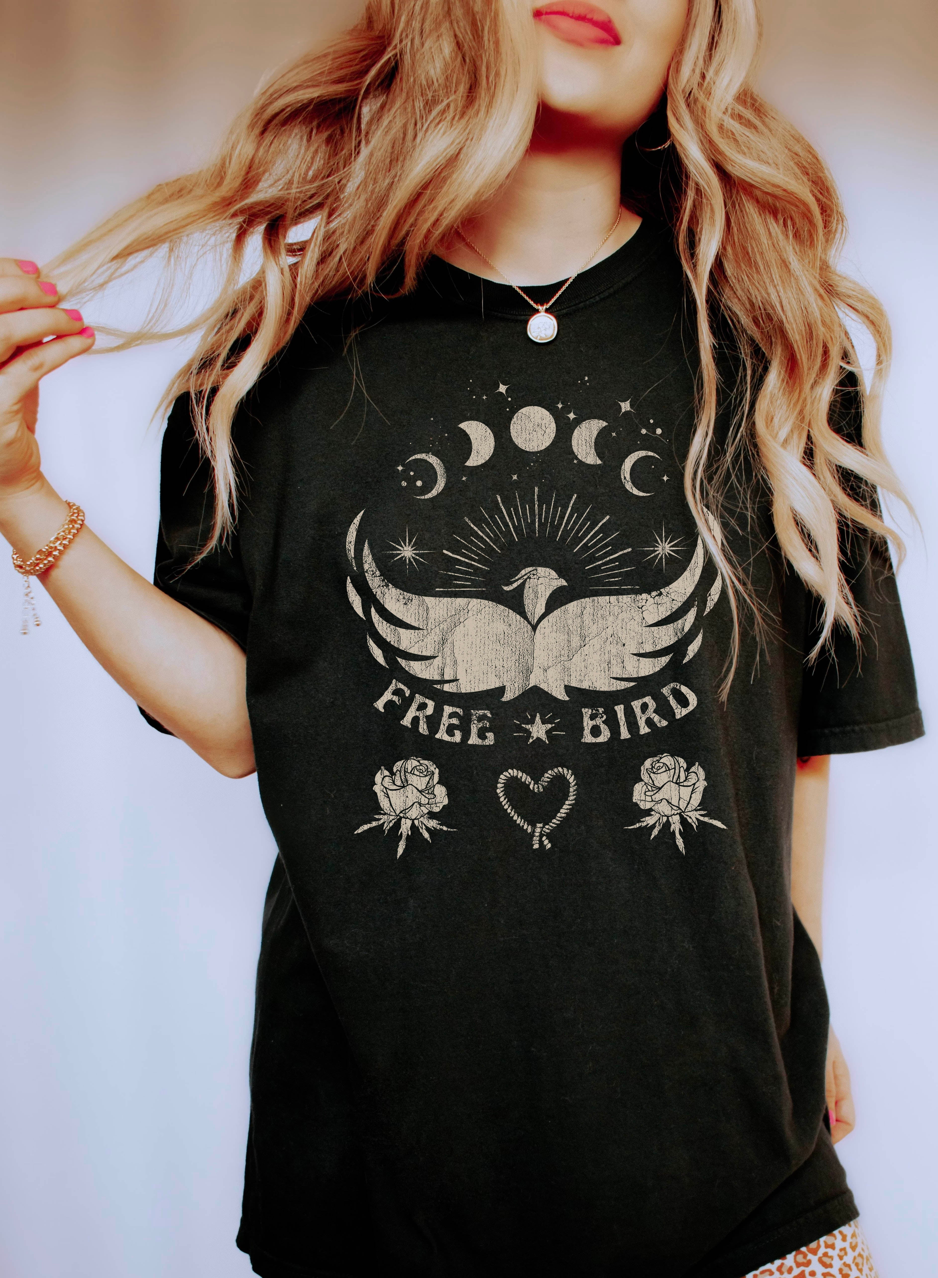 Free Bird Moon Phases And Roses Vintage Limited Edition Print Comfort Colors Tee