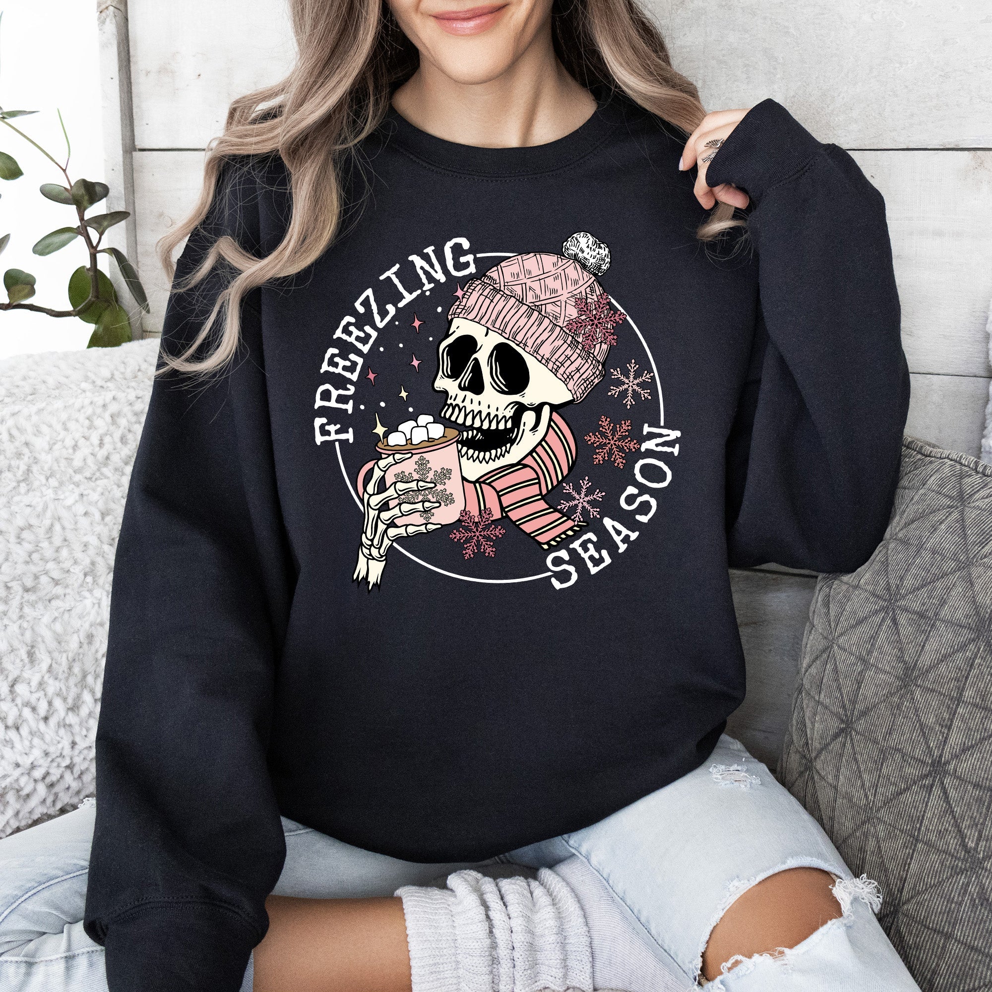 Freezing Season Skeleton Graphic Illustration With Frosty Night Winter Scene Sweatshirt