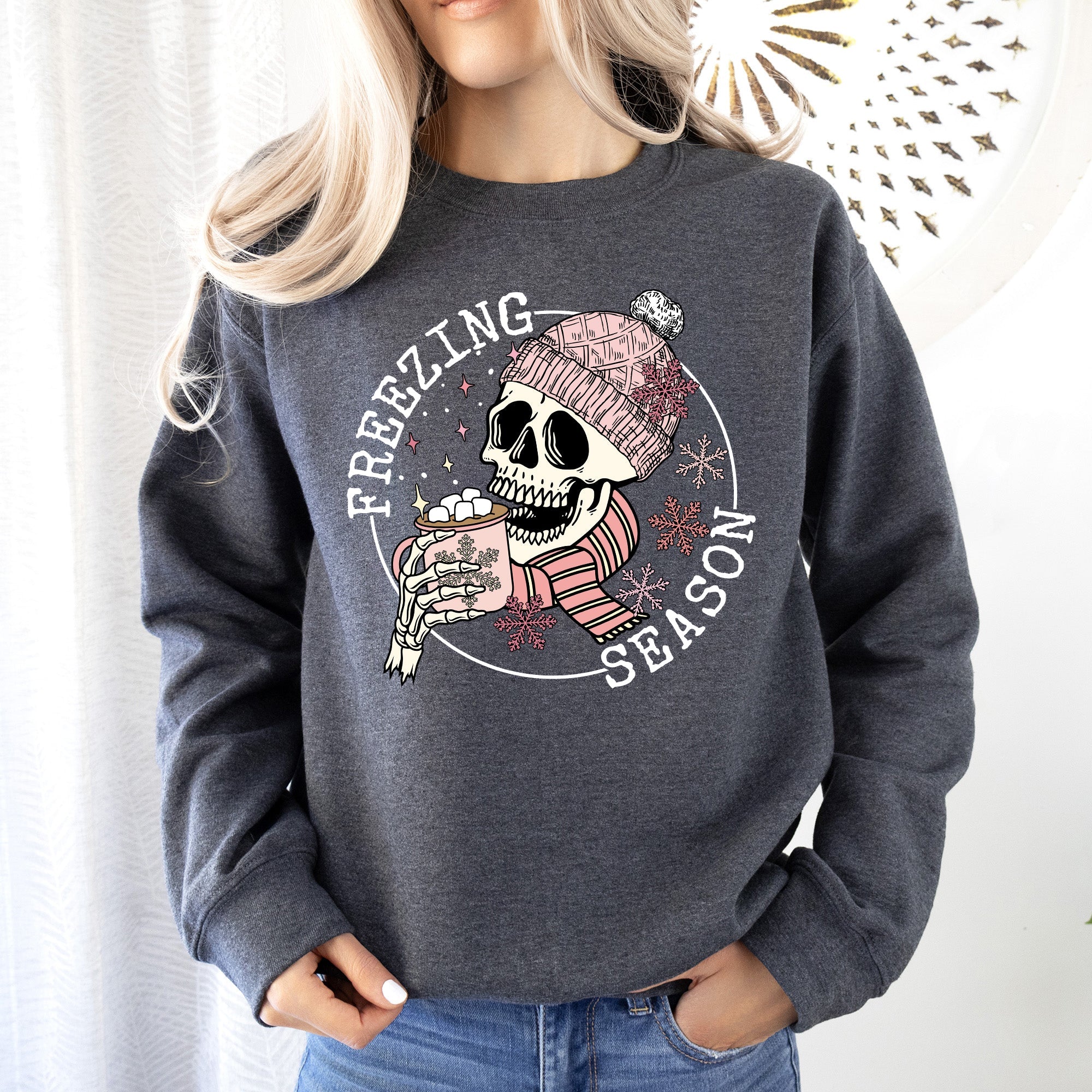 Freezing Season Skeleton Graphic Illustration With Frosty Night Winter Scene Sweatshirt