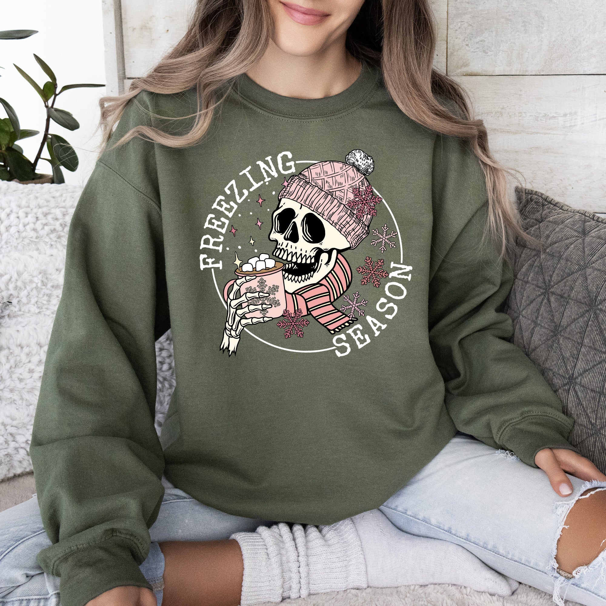 Freezing Season Skeleton Graphic Illustration With Frosty Night Winter Scene Sweatshirt