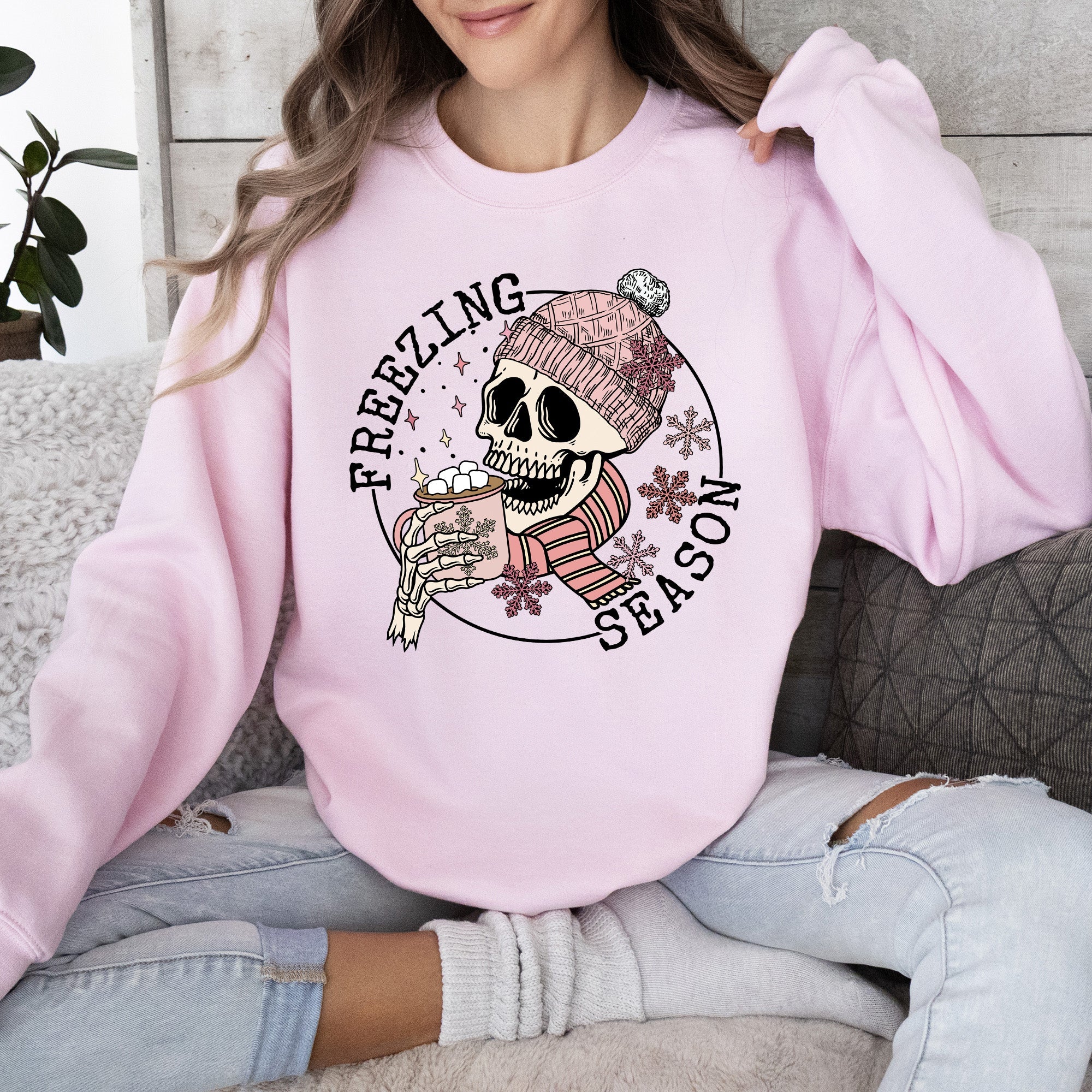 Freezing Season Skeleton Graphic Illustration With Frosty Night Winter Scene Sweatshirt