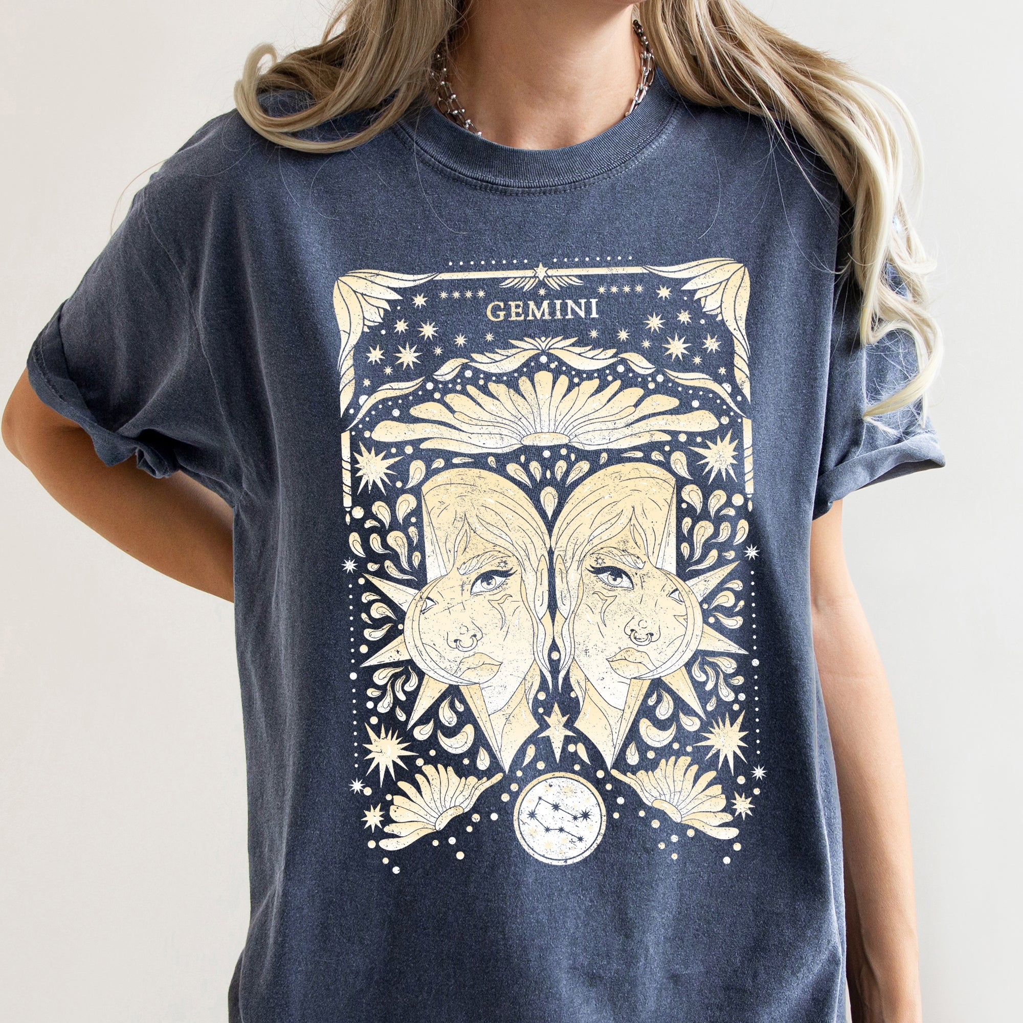 Gemini Celestial Zodiac Horoscope Astrology Constellation Glyph Moon Phase Graphic Comfort Colors Tee