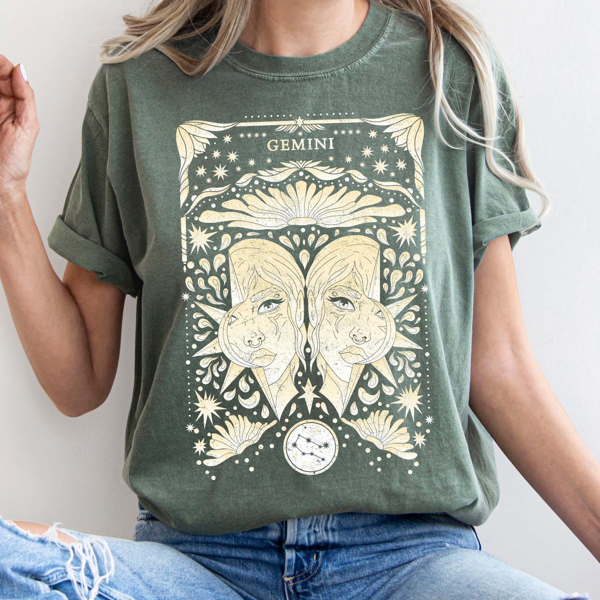 Gemini Celestial Zodiac Horoscope Astrology Constellation Glyph Moon Phase Graphic Comfort Colors Tee