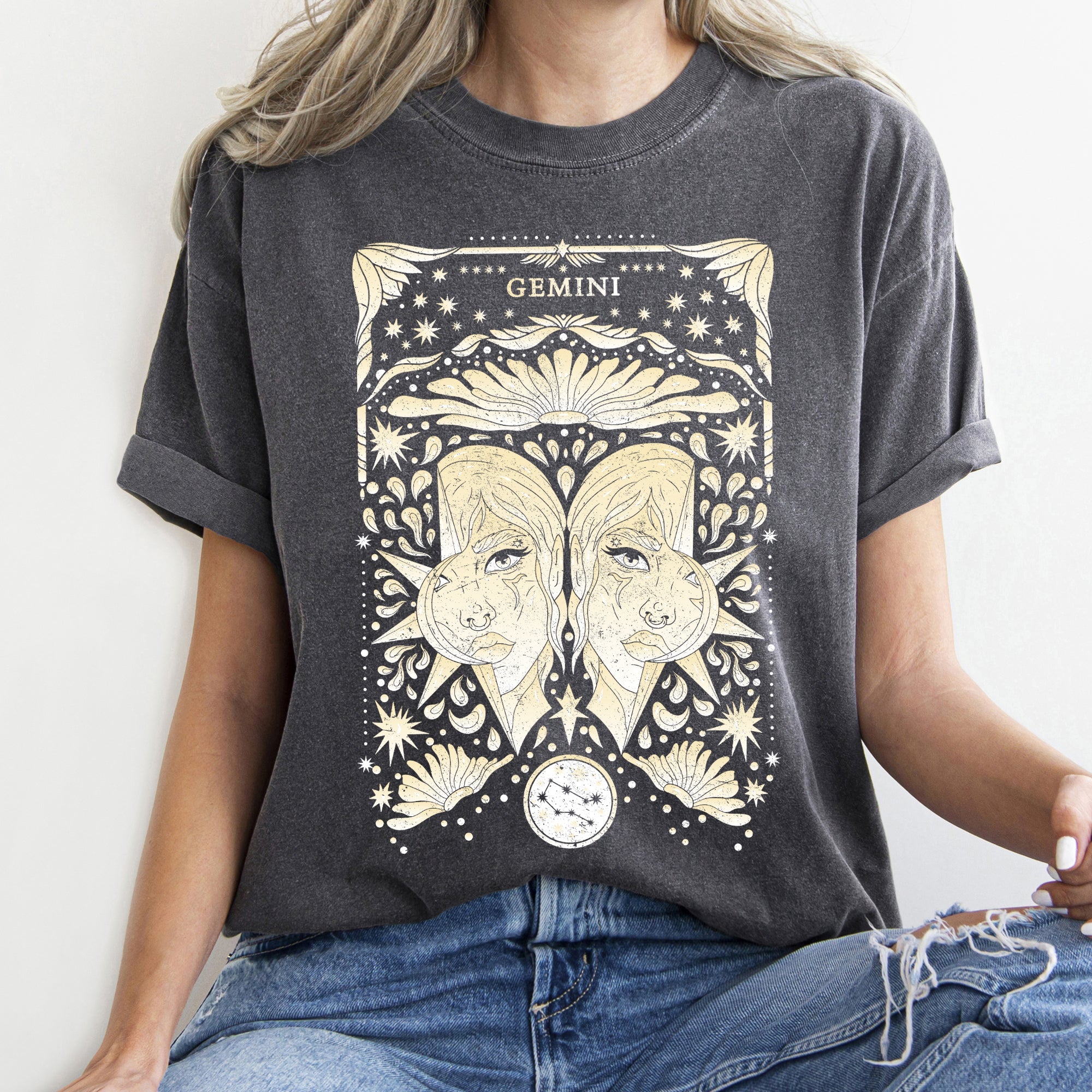 Gemini Celestial Zodiac Horoscope Astrology Constellation Glyph Moon Phase Graphic Comfort Colors Tee