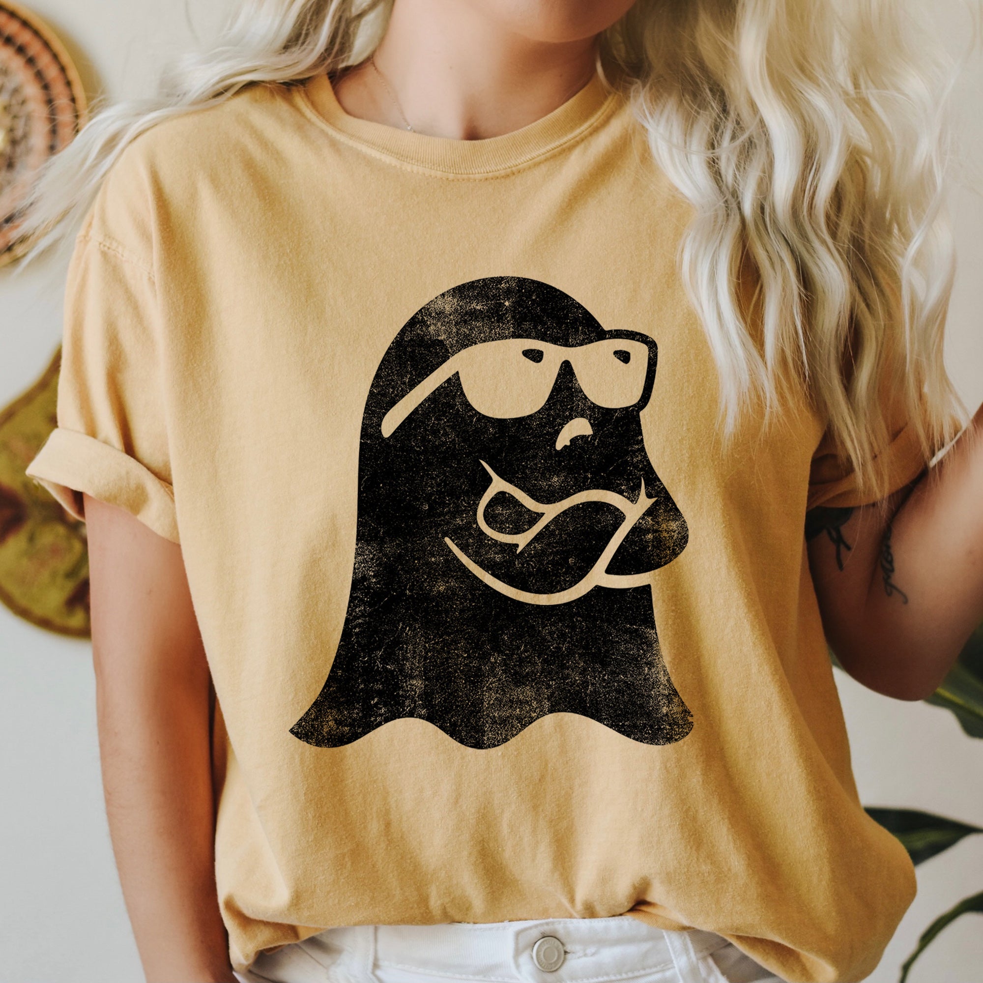 Ghost Arms Crossed Retro Halloween Vintage Night Ghost Silhouette Illustration In Classic Retro Style Comfort Colors Tee