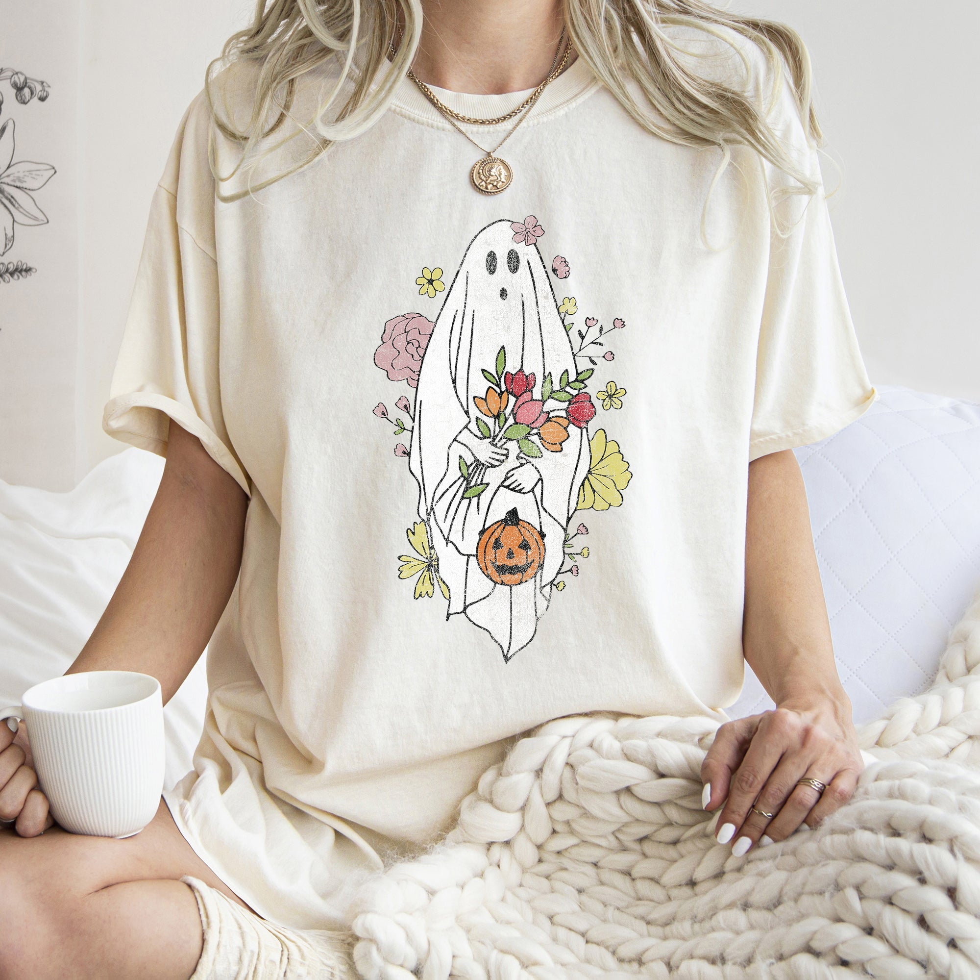 Ghost With Flowers Retro Halloween Vintage Night Scene Illustration Comfort Colors Tee