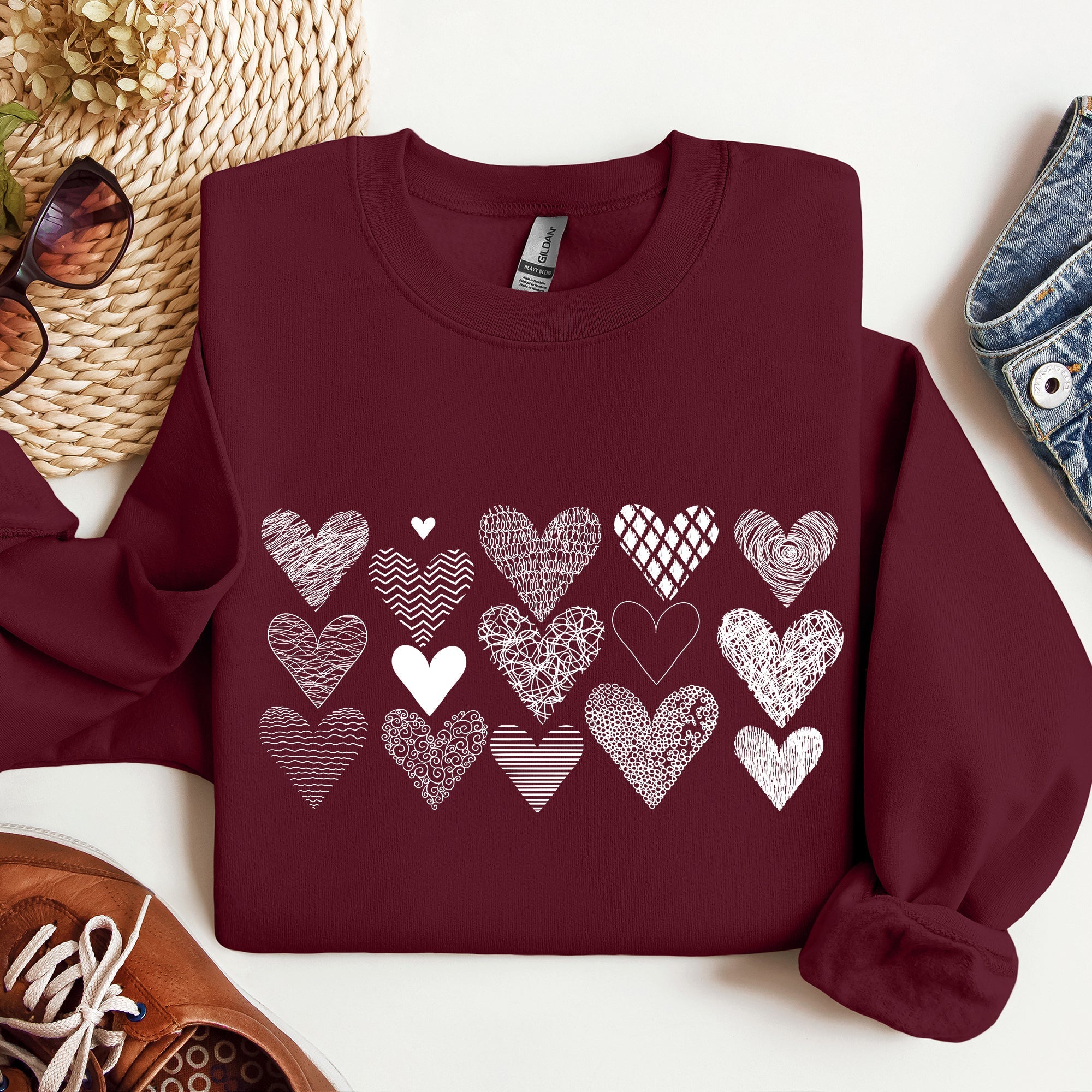 Heart Doodles Valentine's Day Love Edition Cozy Fleece Graphic Warm Comfort Relaxed Fit Sweatshirt
