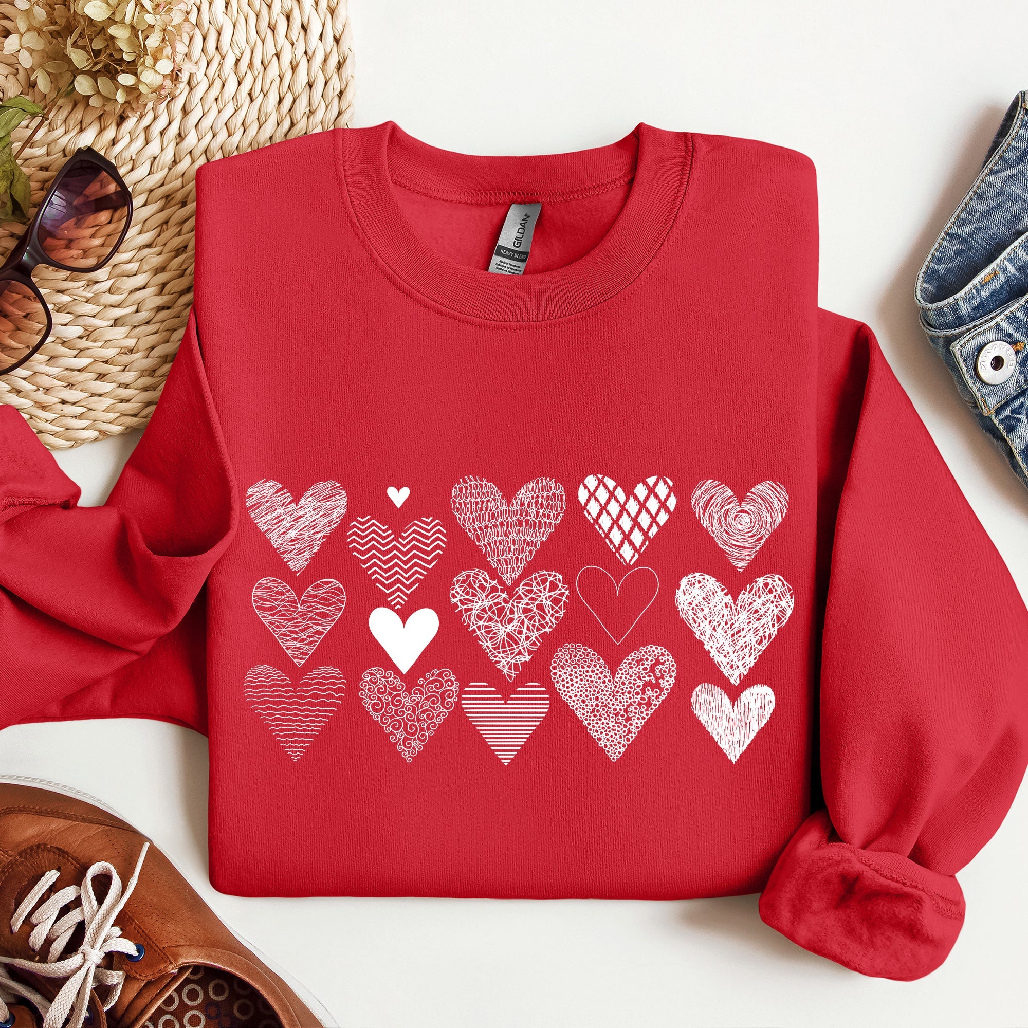 Heart Doodles Valentine's Day Love Edition Cozy Fleece Graphic Warm Comfort Relaxed Fit Sweatshirt