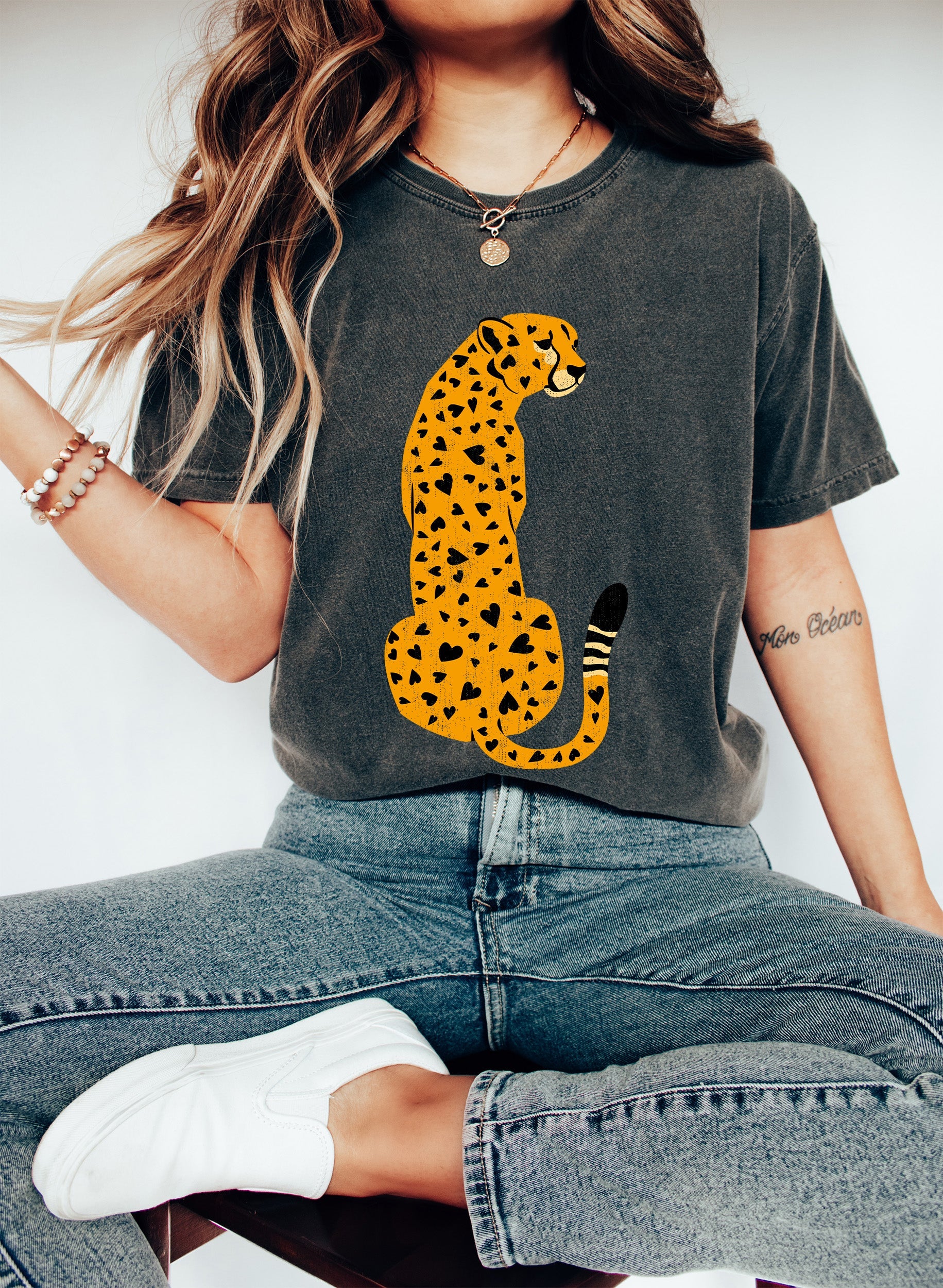 Cheetah Heart Spots Vintage Hand Drawn Animal Print Graphic Design Comfort Colors Tee