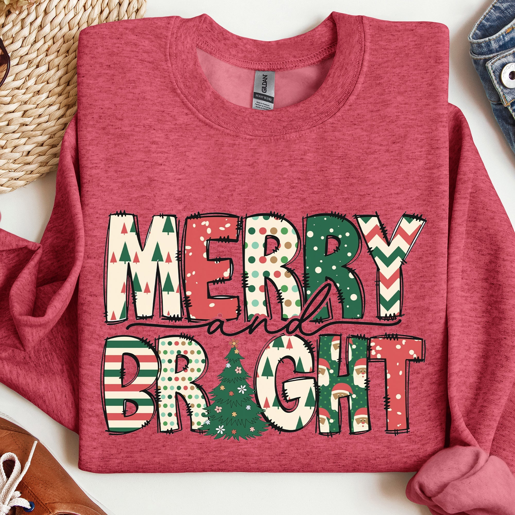 Merry And Bright Christmas Cheer Festive Holiday Lights Snowflake Motif Cozy Cotton Fleece Sweatshirt