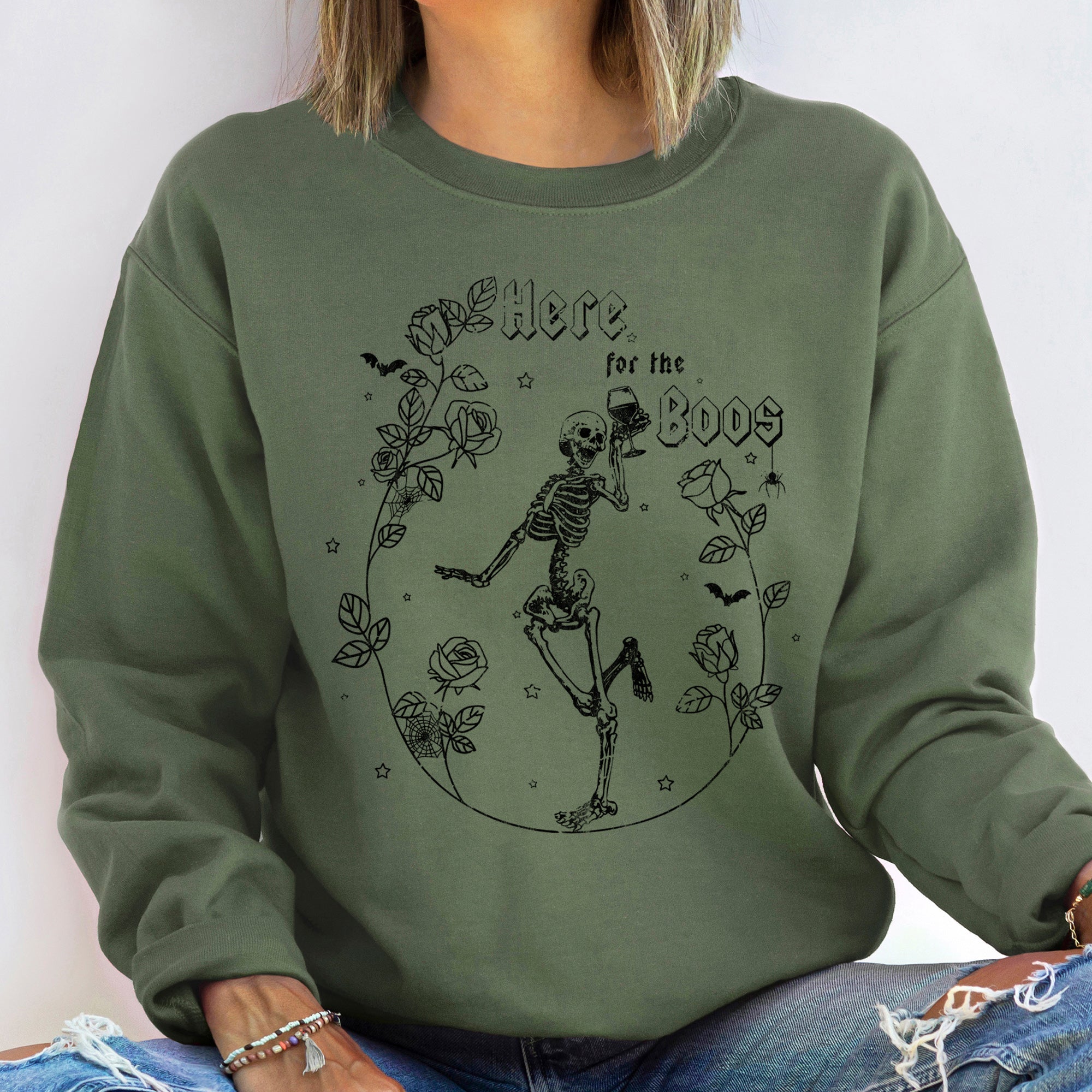 Here For The Boos Halloween Night Festive Spooktacular Cozy Vintage Haunted Season Graphic Illustration Sweatshirt