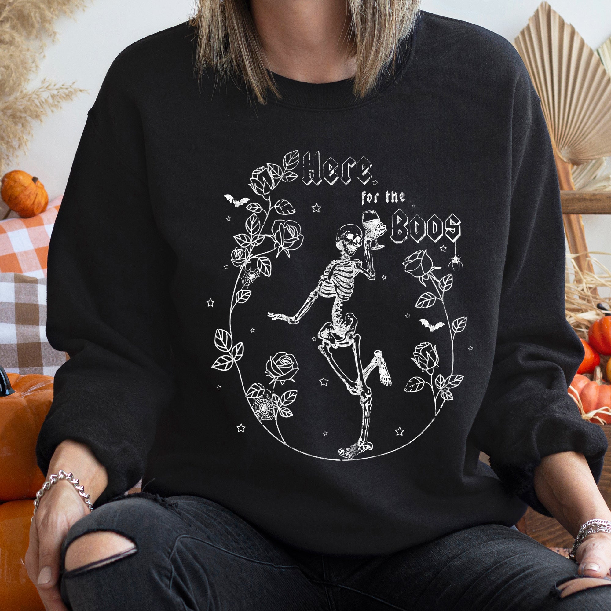 Here For The Boos Vintage Halloween Spooky Night Edition With Ghosts Goblins And Tricks Sweatshirt