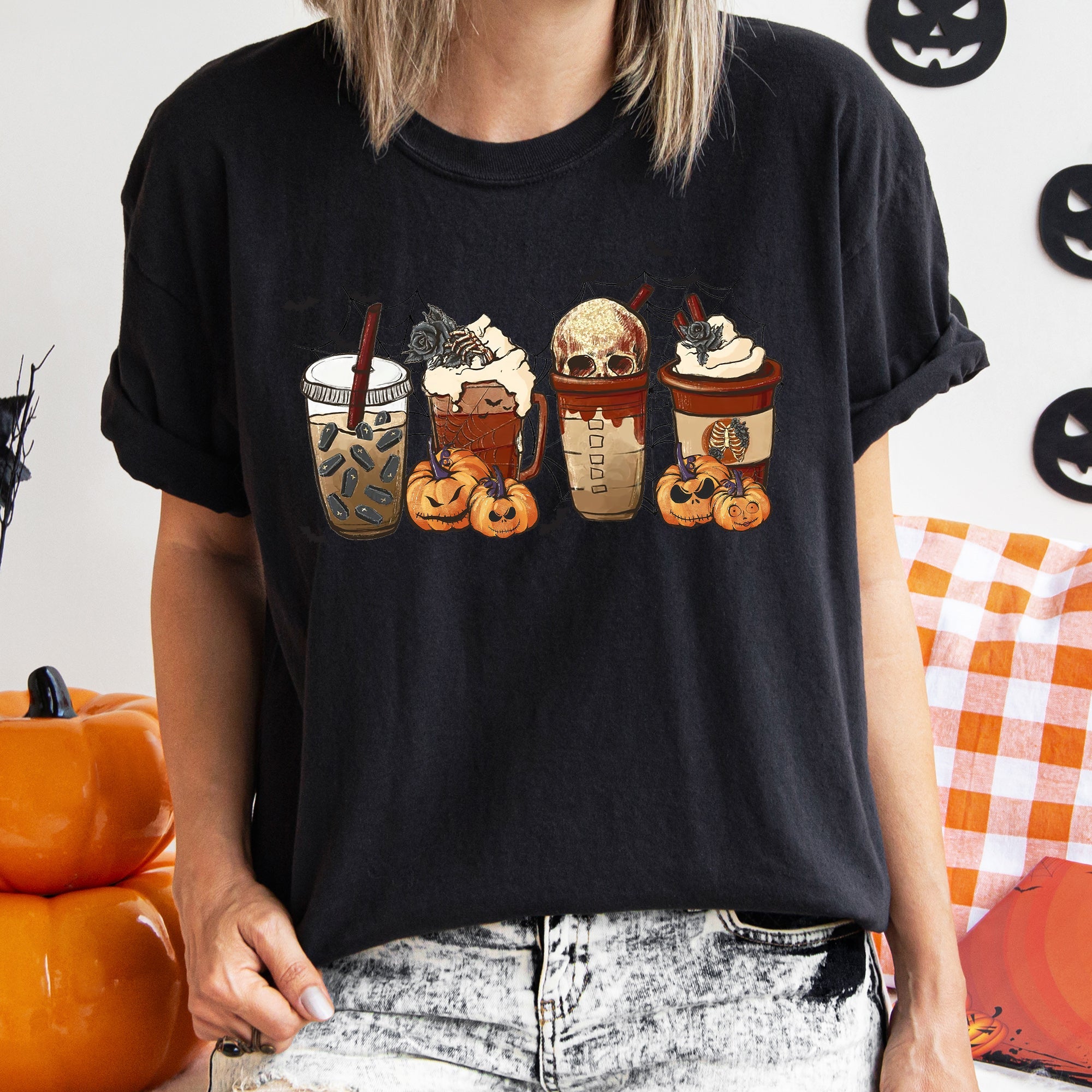 Horror Pumpkin Coffee Vintage Halloween Rustic Nightmare Edition Forest Moon Comfort Colors Tee