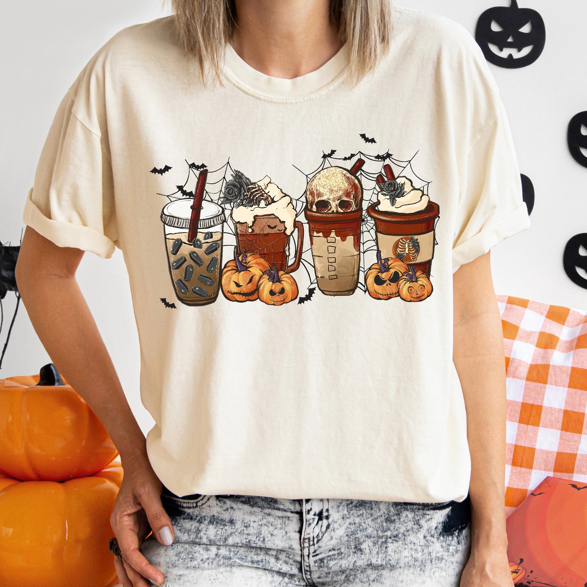 Horror Pumpkin Coffee Vintage Halloween Rustic Nightmare Edition Forest Moon Comfort Colors Tee