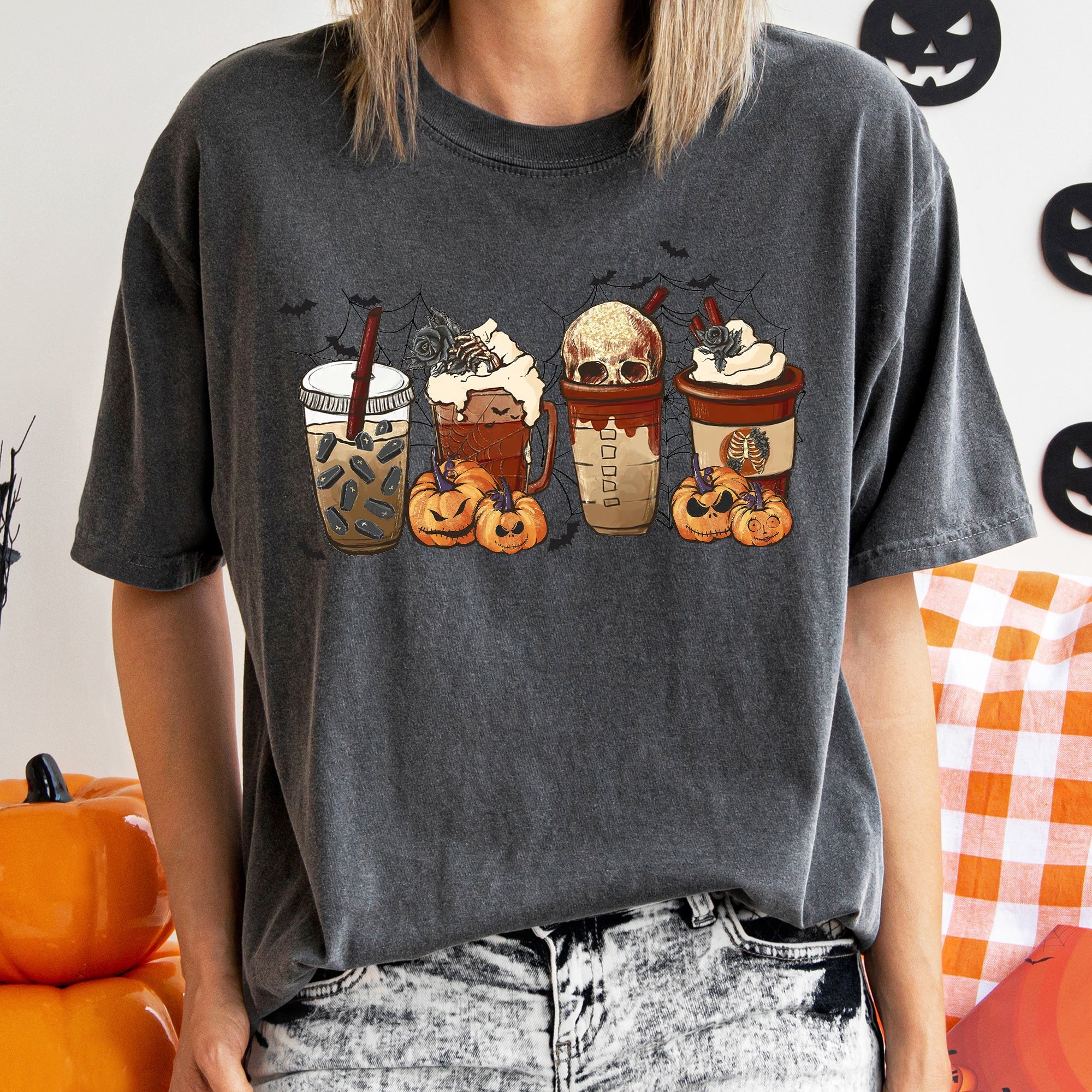 Horror Pumpkin Coffee Vintage Halloween Rustic Nightmare Edition Forest Moon Comfort Colors Tee