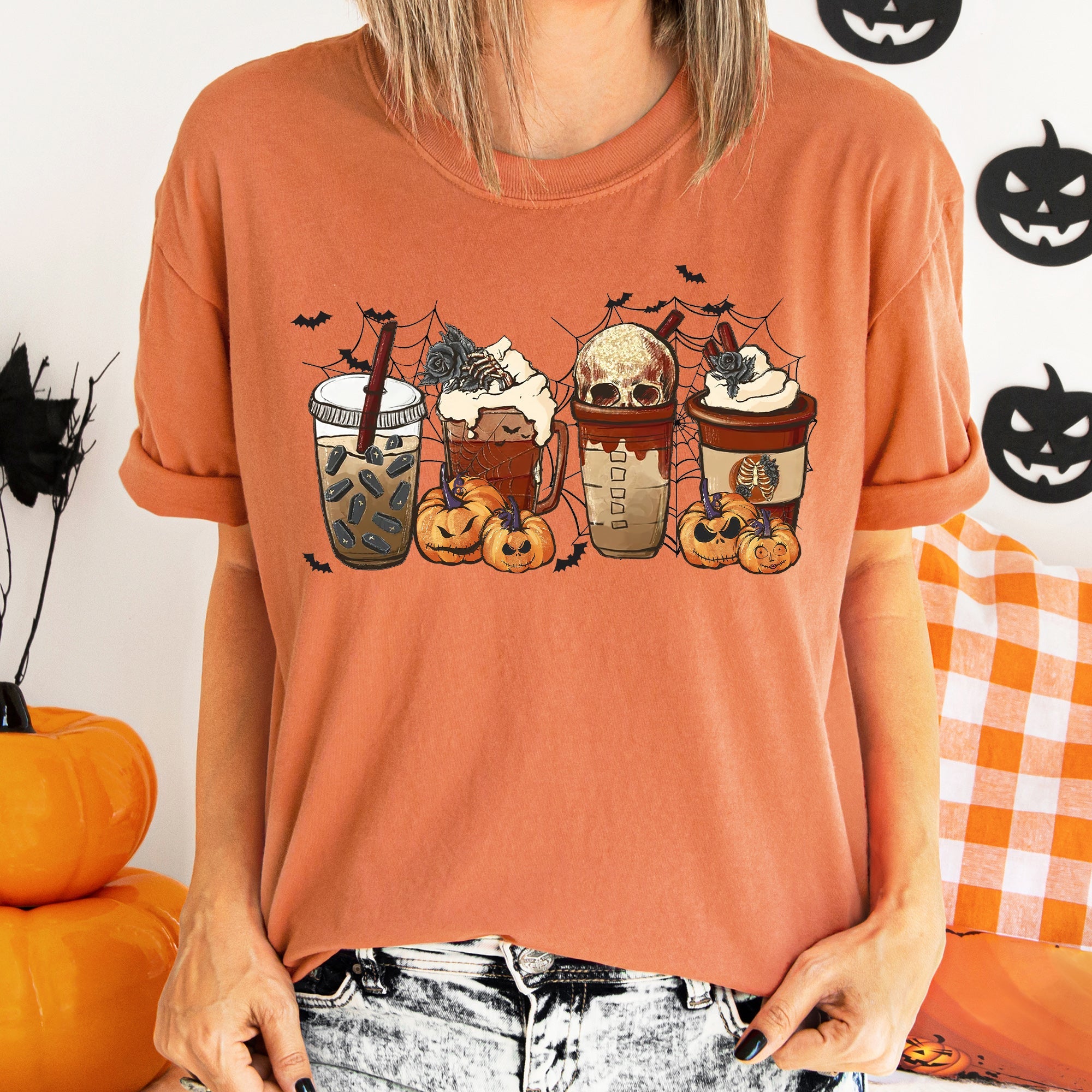 Horror Pumpkin Coffee Vintage Halloween Rustic Nightmare Edition Forest Moon Comfort Colors Tee