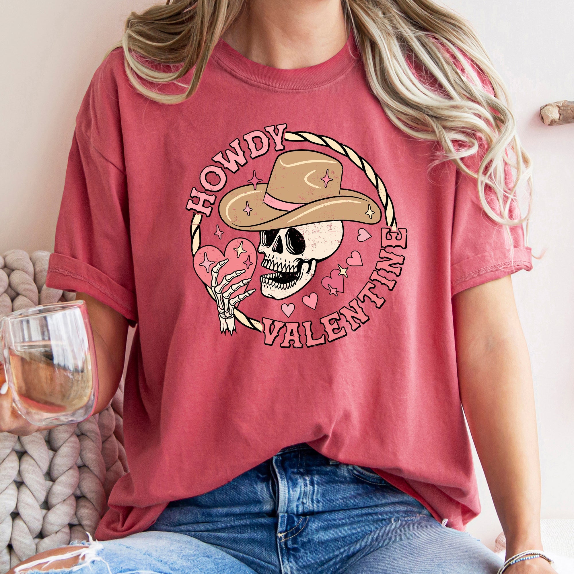 Howdy Valentine Skeleton Cowboy Western Country Heartfelt Love Theme Rustic Cowboy Romance Range Comfort Colors Tee