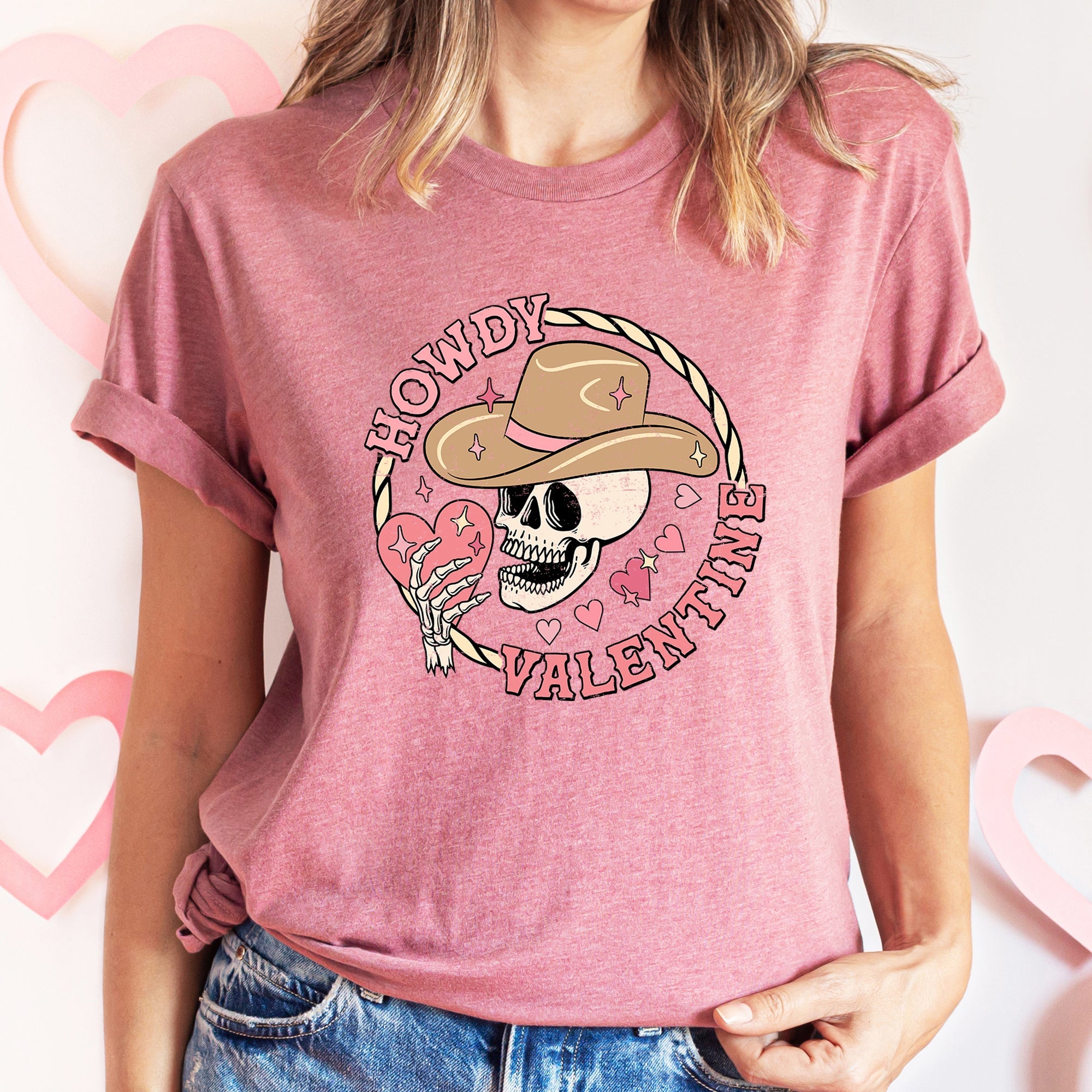 Howdy Valentine Skeleton Cowboy Western Country Retro Heart Cactus Scene Valentine's Day Graphic Tee