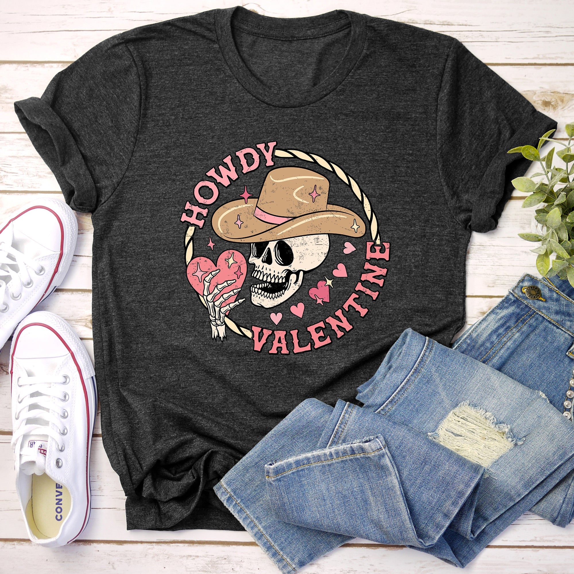 Howdy Valentine Skeleton Cowboy Western Country Retro Heart Cactus Scene Valentine's Day Graphic Tee