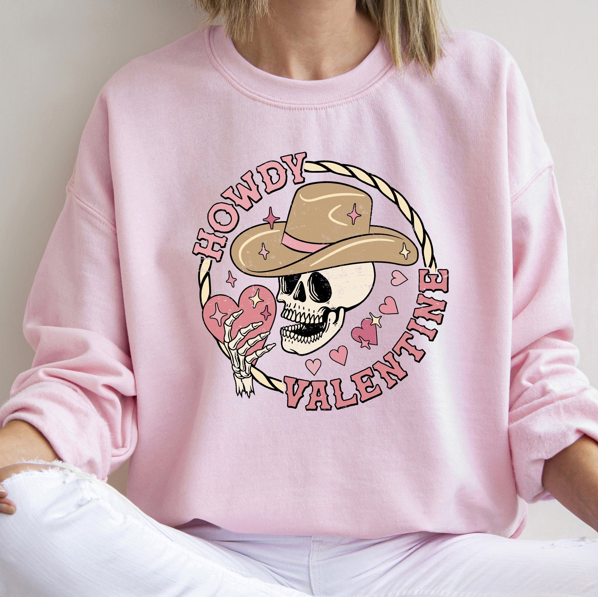 Howdy Valentine Skeleton Cowboy Western Country Festive Romance Graphic Sweatshirt