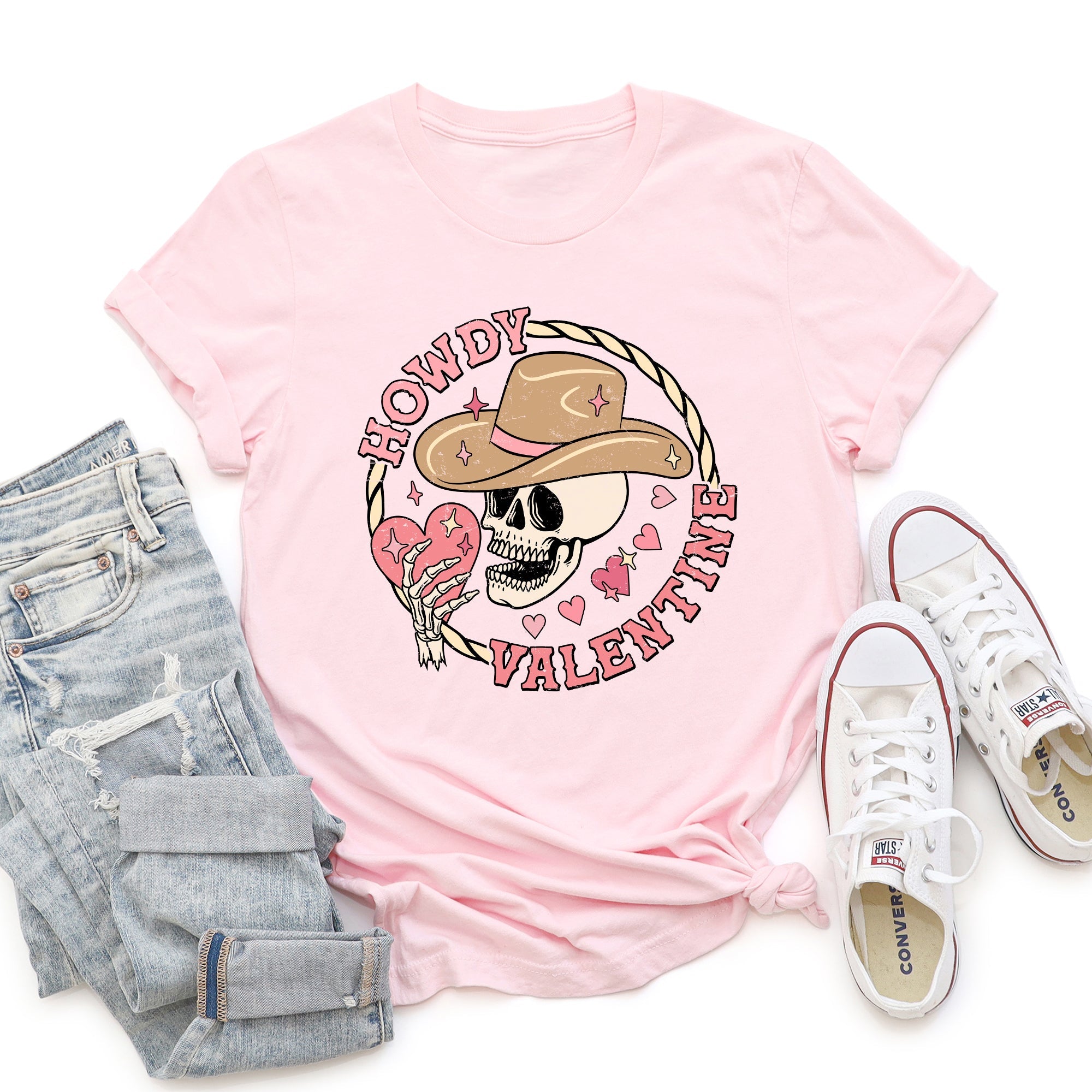 Howdy Valentine Skeleton Cowboy Western Country Retro Heart Cactus Scene Valentine's Day Graphic Tee