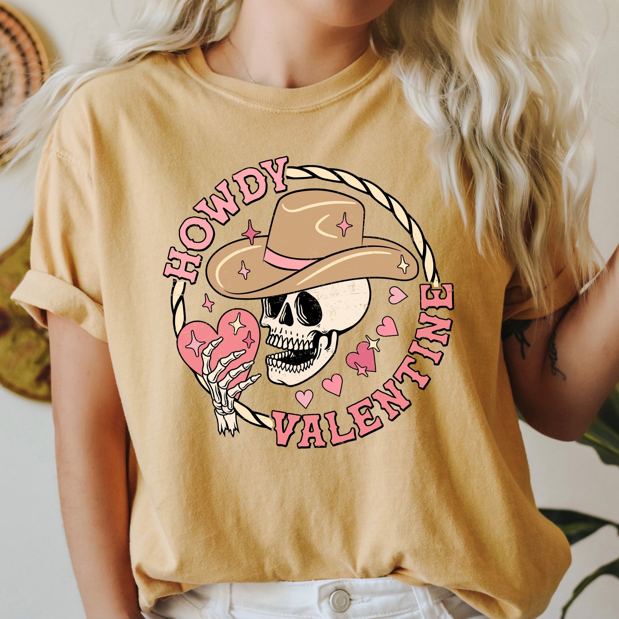 Howdy Valentine Skeleton Cowboy Western Country Heartfelt Love Theme Rustic Cowboy Romance Range Comfort Colors Tee