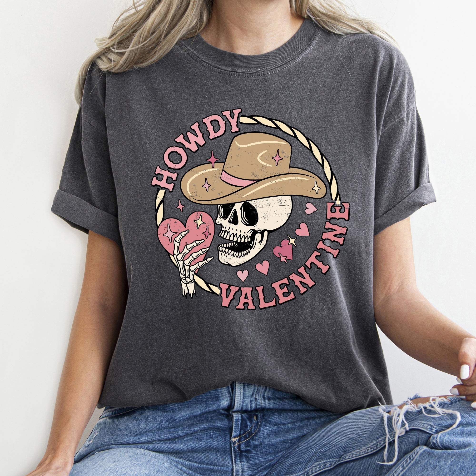 Howdy Valentine Skeleton Cowboy Western Country Heartfelt Love Theme Rustic Cowboy Romance Range Comfort Colors Tee