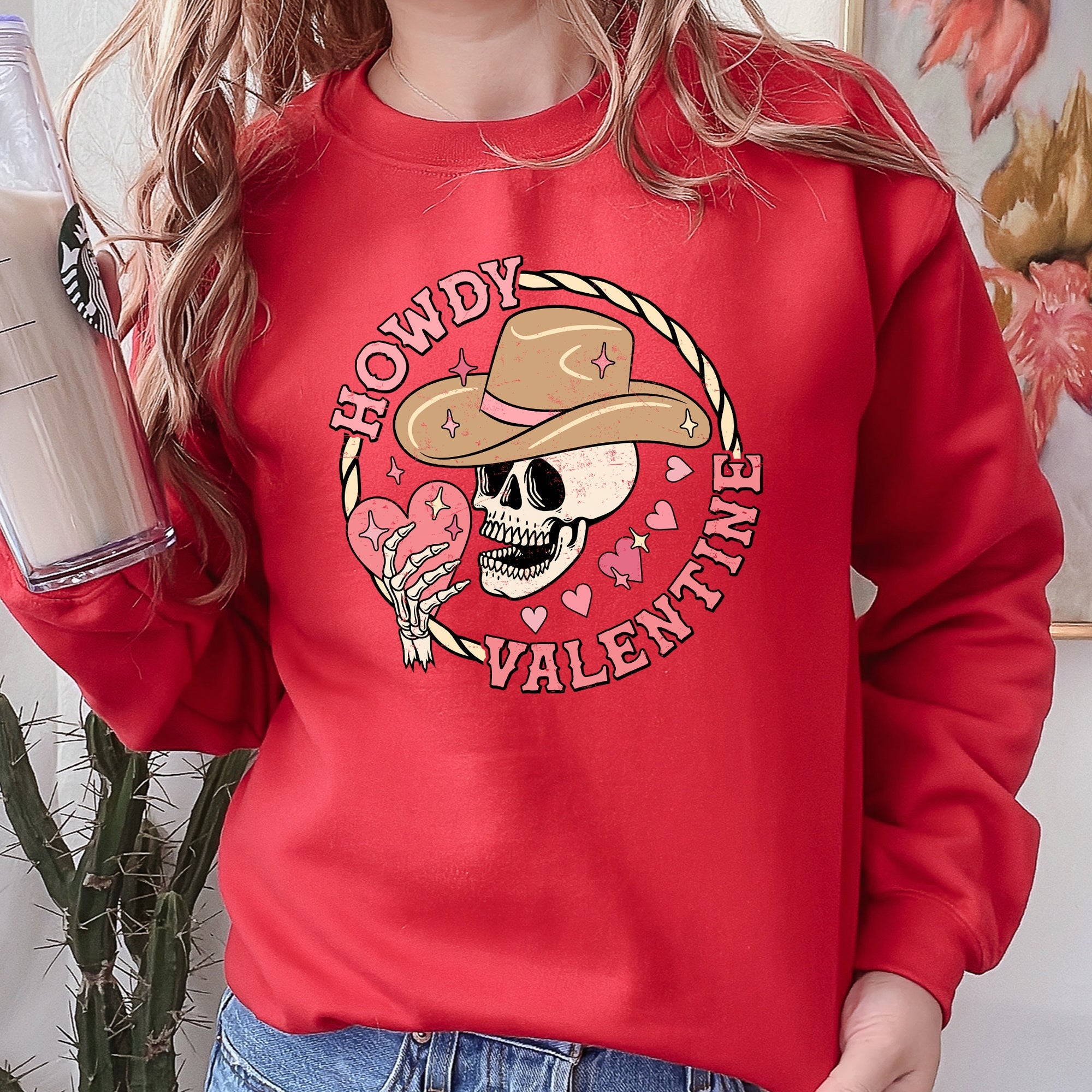 Howdy Valentine Skeleton Cowboy Western Country Festive Romance Graphic Sweatshirt