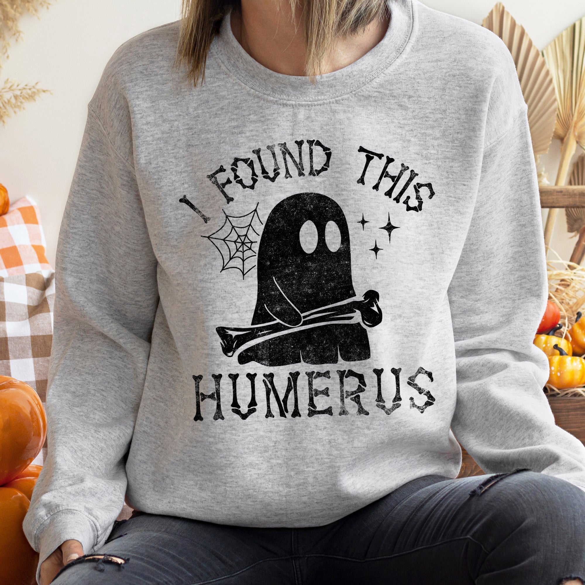 Humerus Ghost Halloween Skeleton Spirit Emblem Vintage Themed Print Haunted Night Artwork Sweatshirt