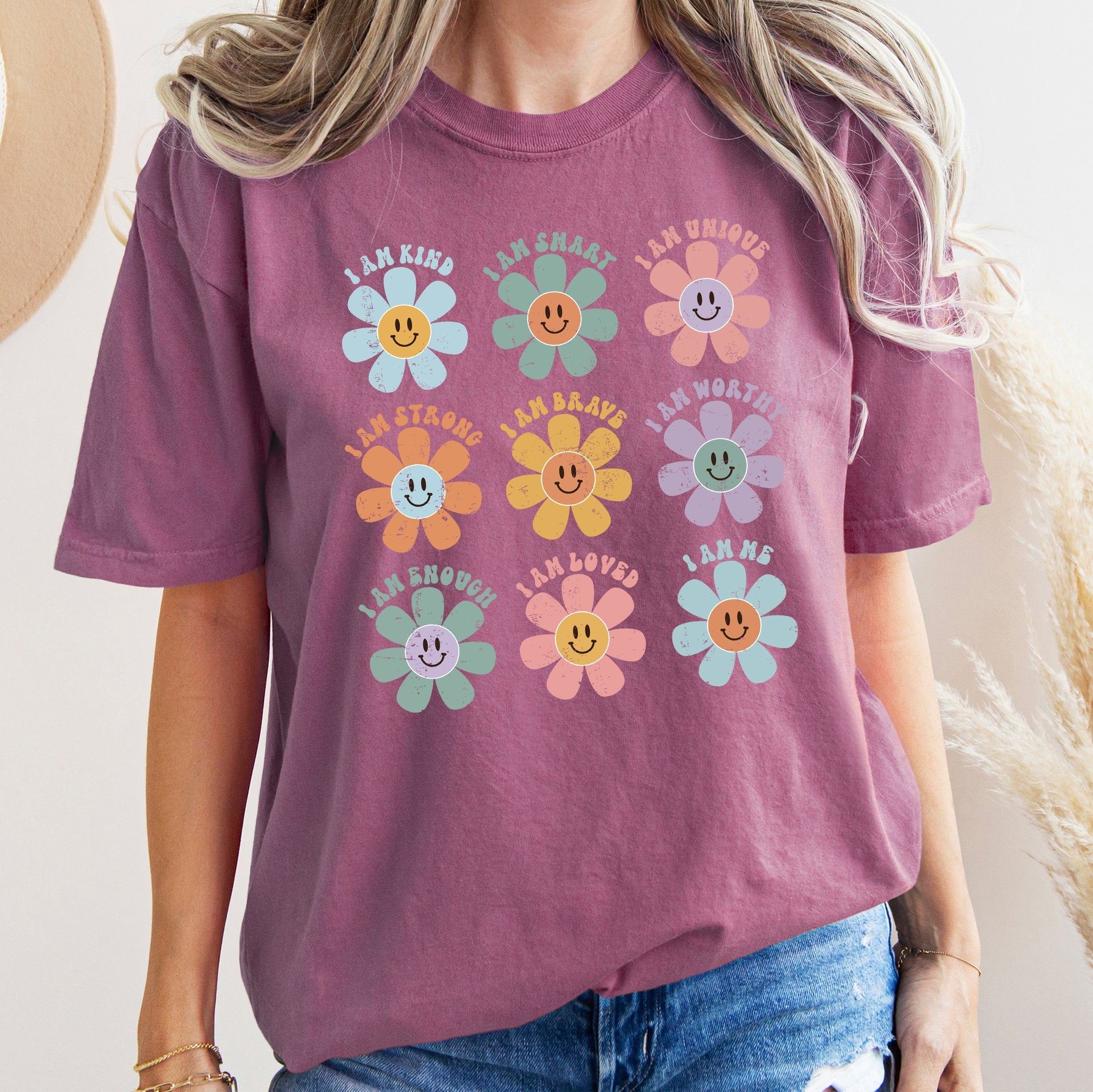 Positive Affirmations Daisy Retro Vintage Floral Edition Deluxe Comfort Colors Tee