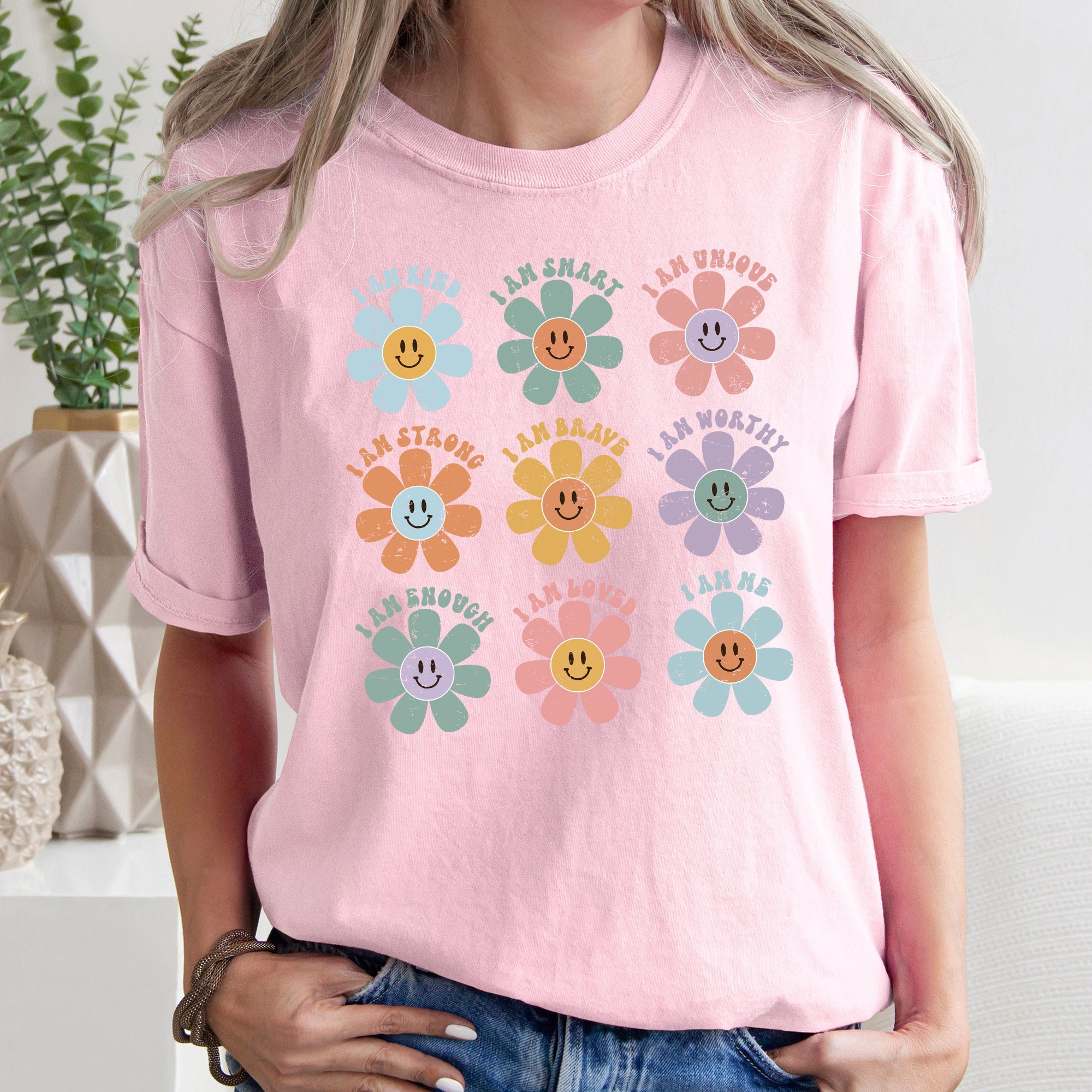 Positive Affirmations Daisy Retro Vintage Floral Edition Deluxe Comfort Colors Tee