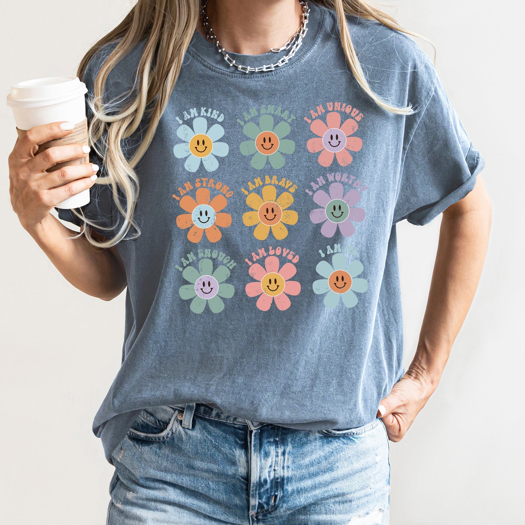 Positive Affirmations Daisy Retro Vintage Floral Edition Deluxe Comfort Colors Tee