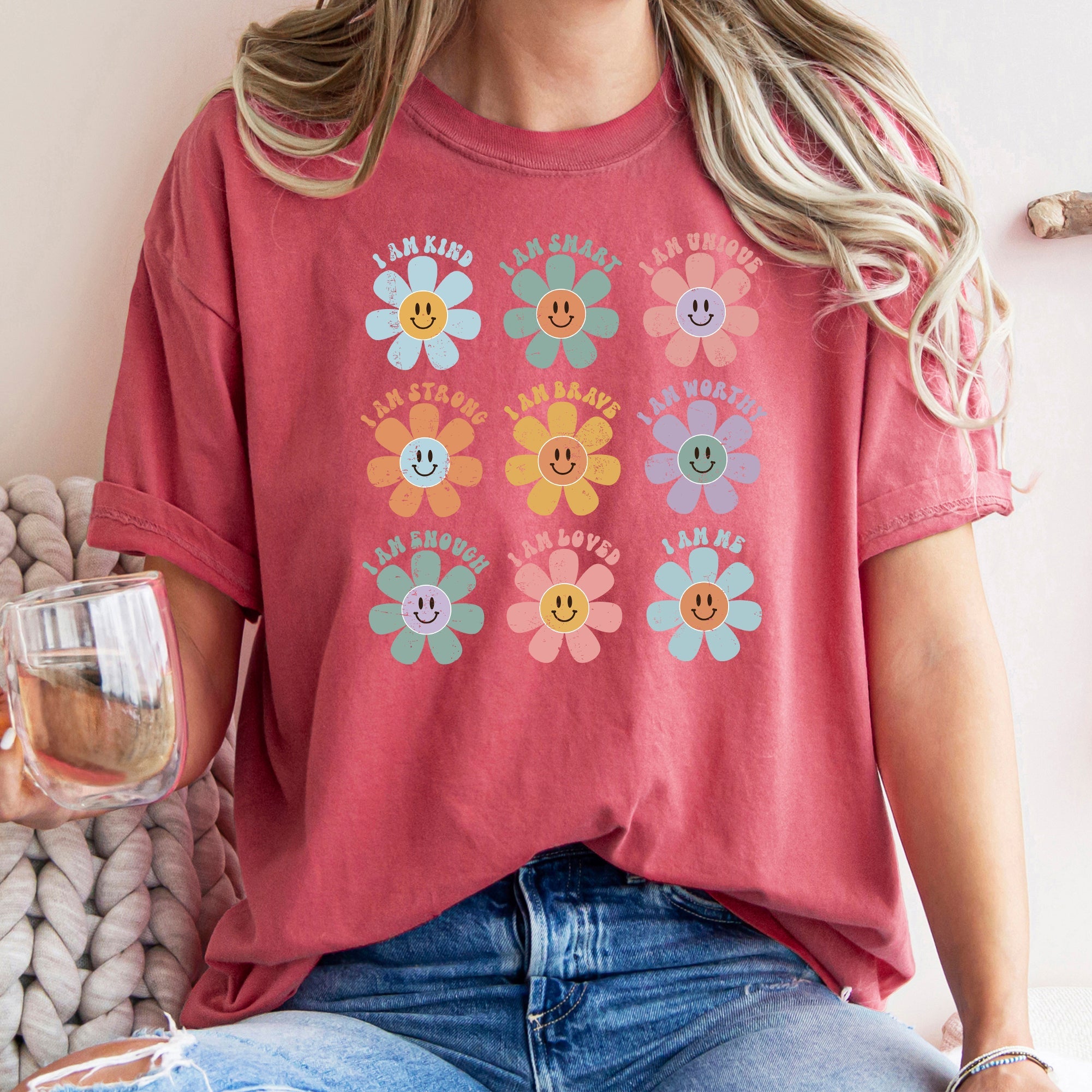 Positive Affirmations Daisy Retro Vintage Floral Edition Deluxe Comfort Colors Tee