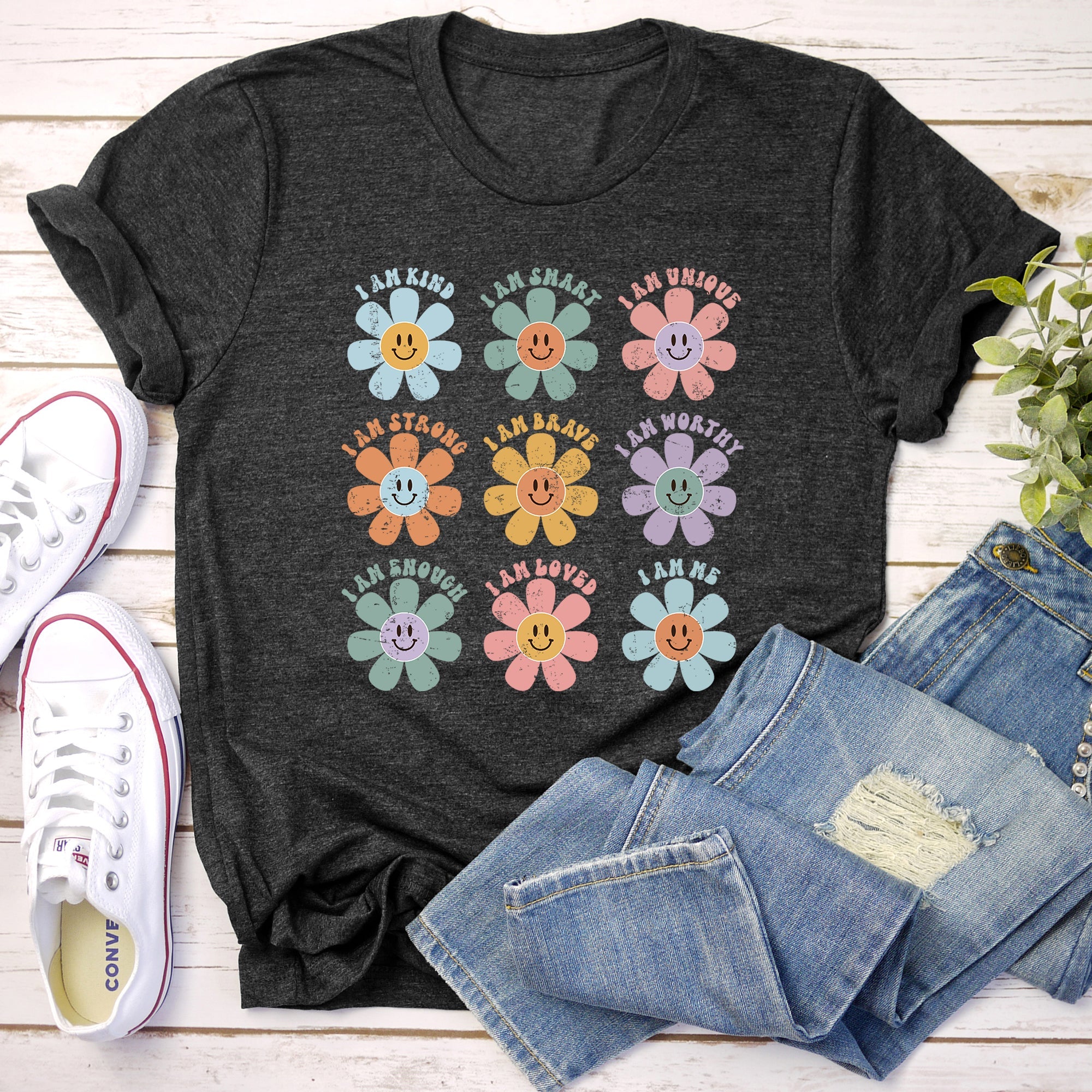 Positive Affirmations, Daisy, Retro Floral Quote Artwork Encouraging Confidence And Everyday Joy Graphic Tee
