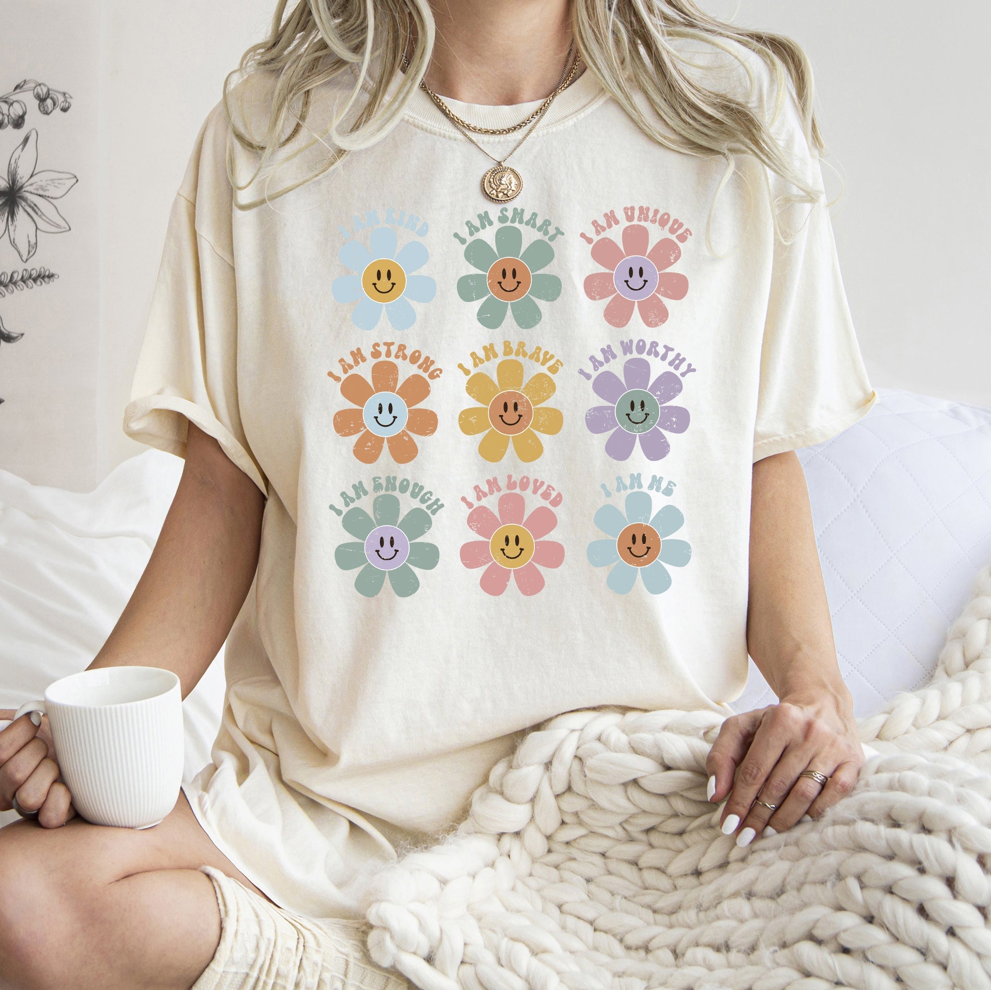 Positive Affirmations Daisy Retro Vintage Floral Edition Deluxe Comfort Colors Tee