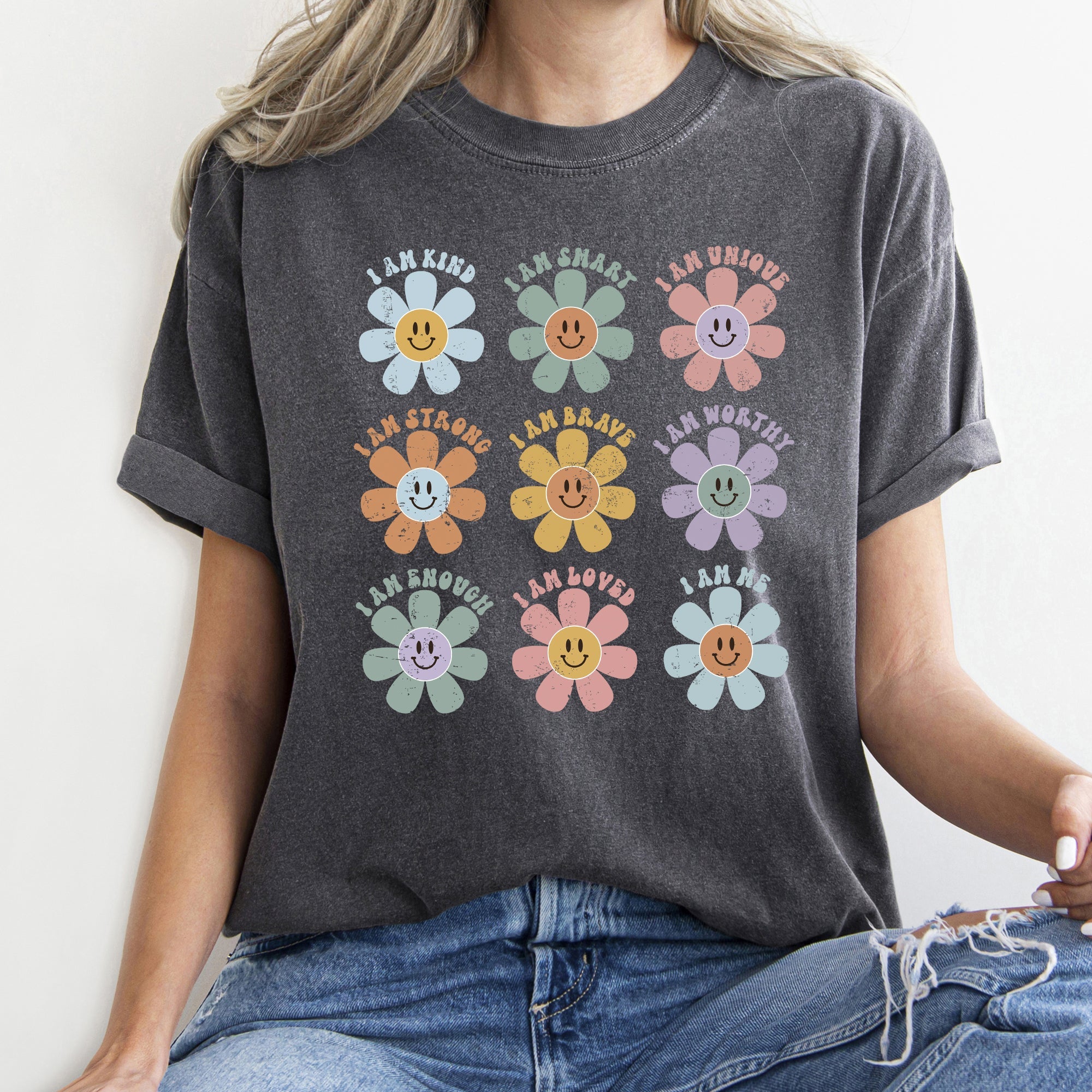Positive Affirmations Daisy Retro Vintage Floral Edition Deluxe Comfort Colors Tee