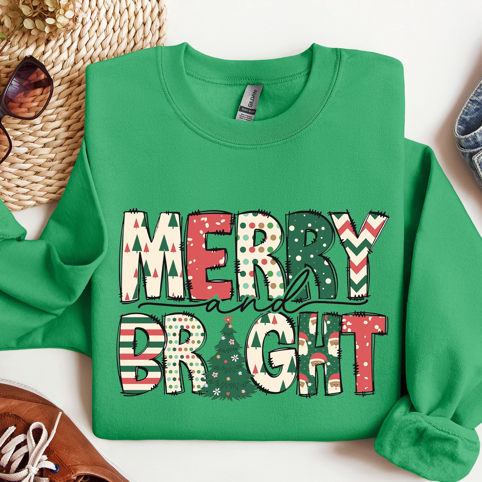 Merry And Bright Christmas Cheer Festive Holiday Lights Snowflake Motif Cozy Cotton Fleece Sweatshirt