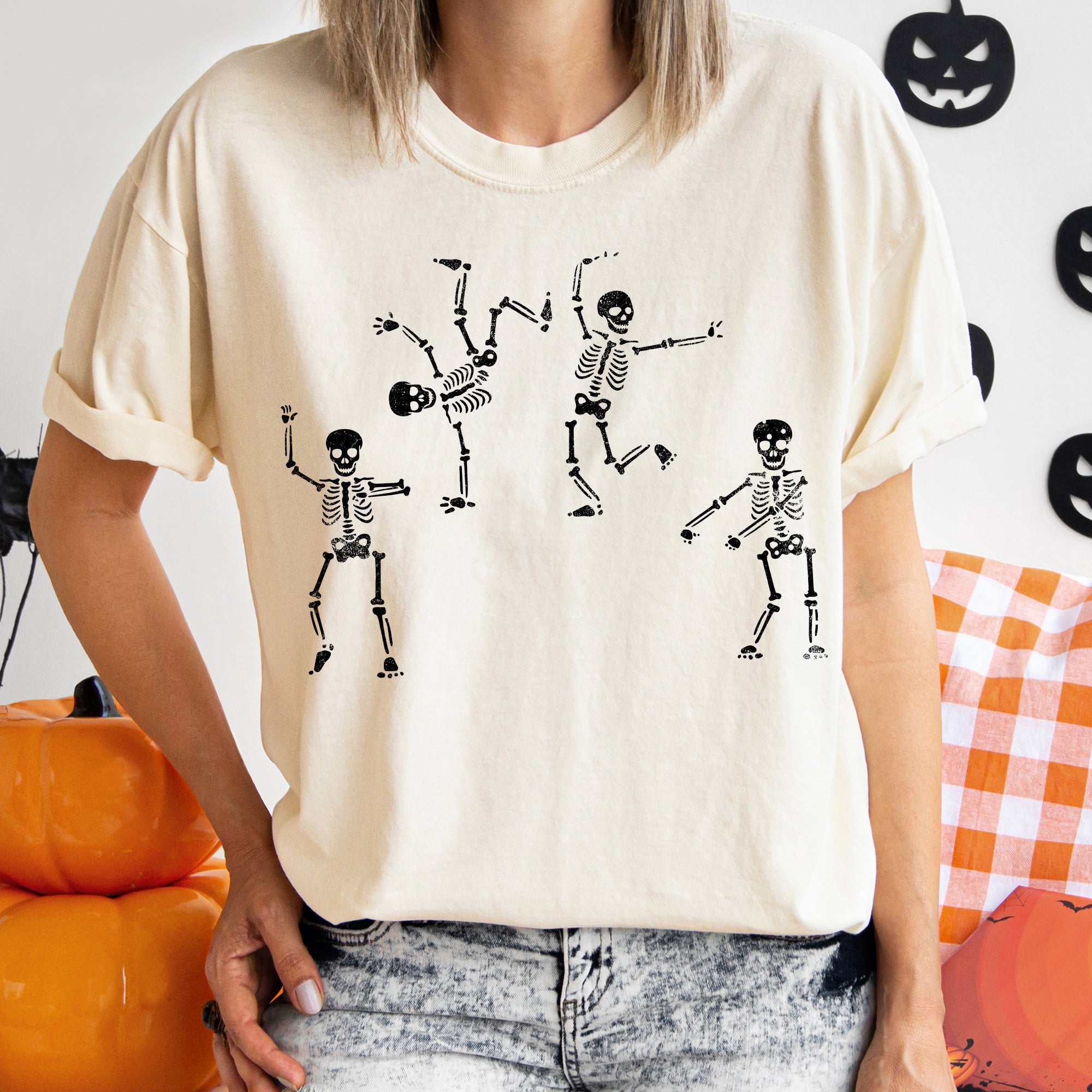 Jumping Skeletons Vintage Halloween Illustrated Nighttime Scene Comfort Colors Tee