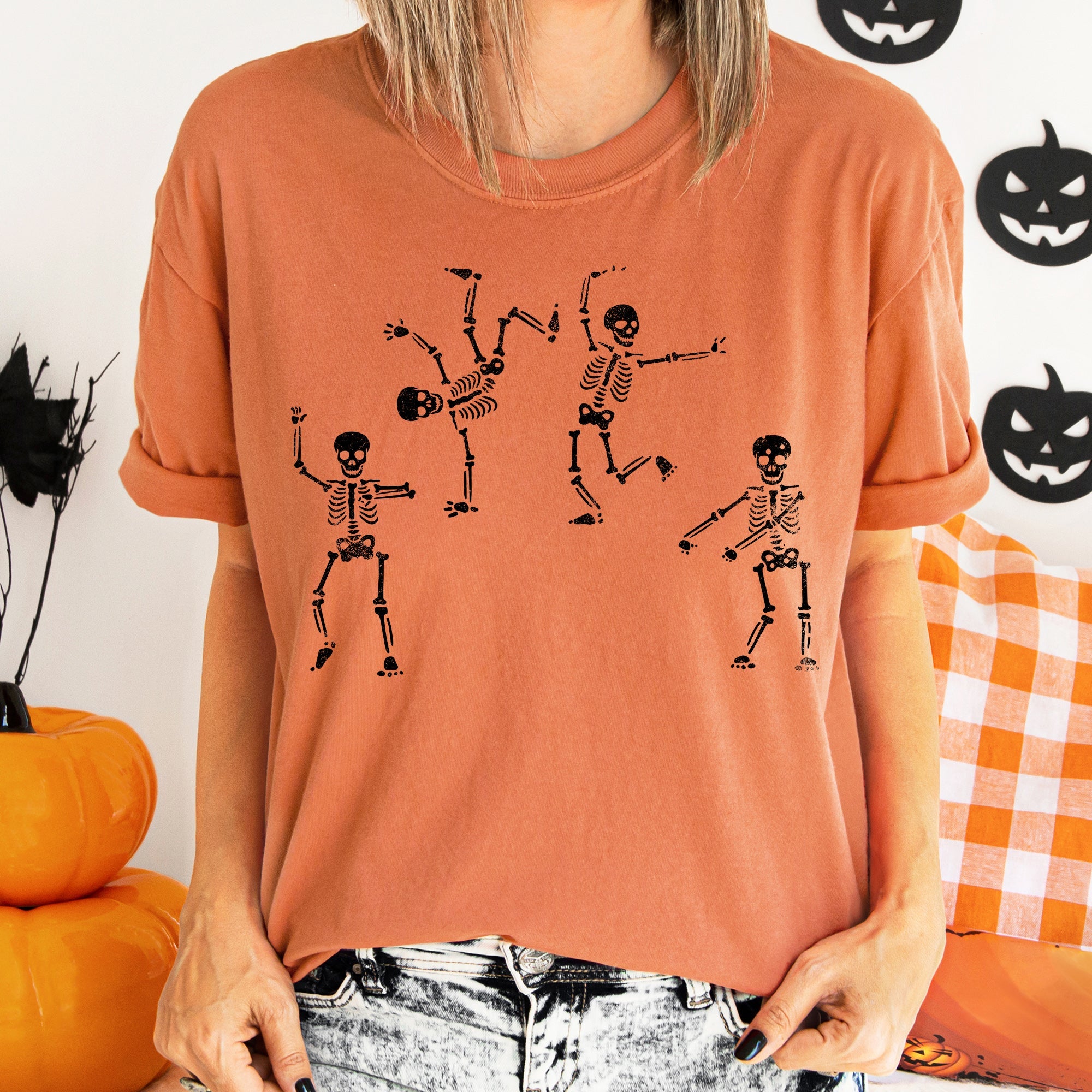 Jumping Skeletons Vintage Halloween Illustrated Nighttime Scene Comfort Colors Tee