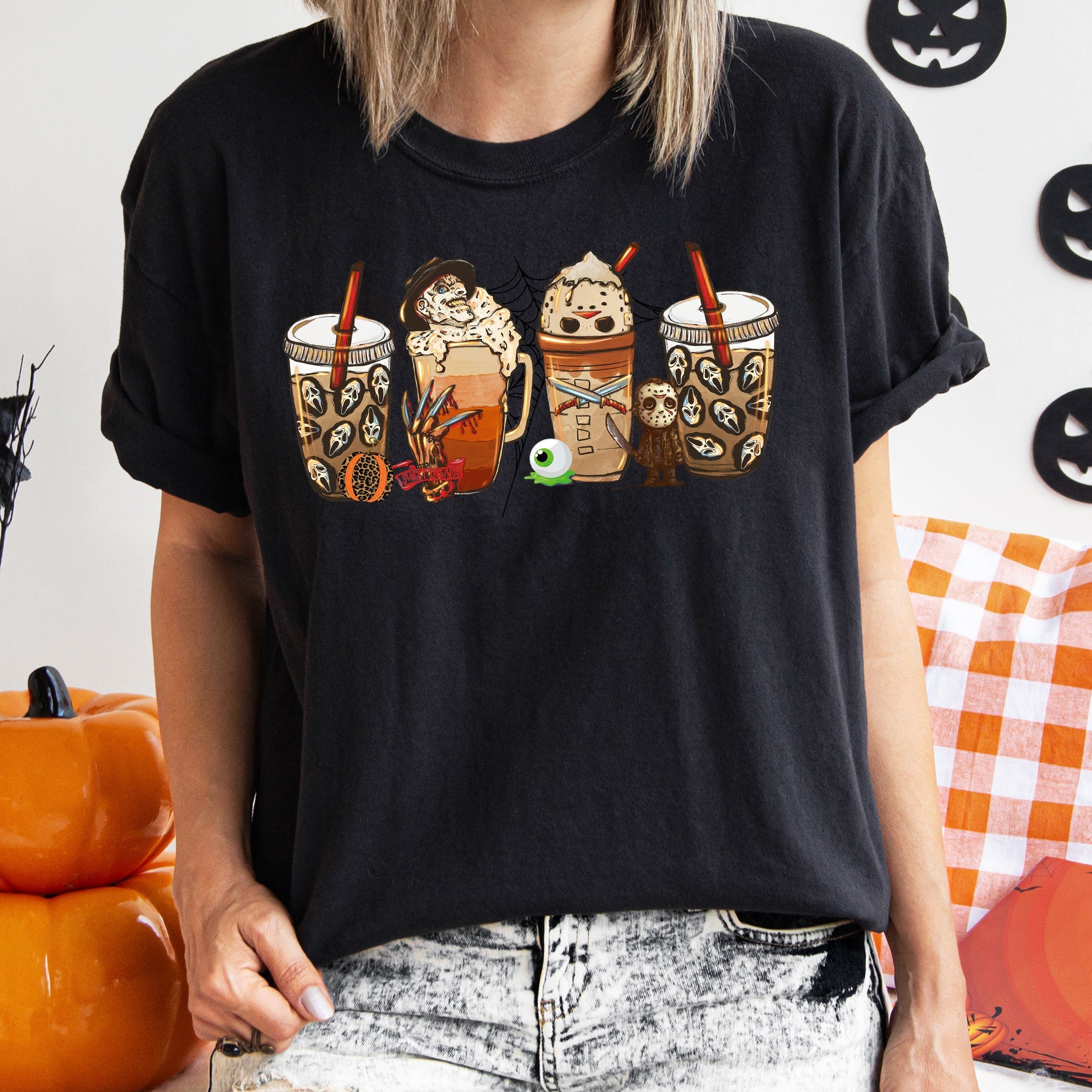 Skeleton Coffee Vintage Halloween Night Skeleton Brew Edition Deluxe Collectors Art Print Comfort Colors Tee