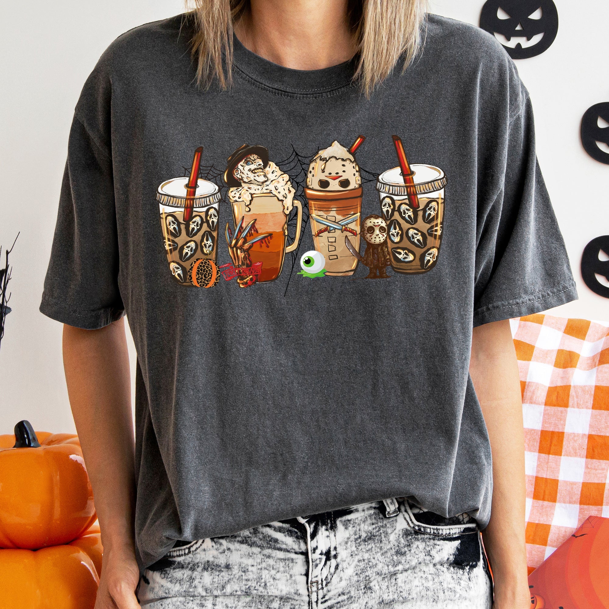 Skeleton Coffee Vintage Halloween Night Skeleton Brew Edition Deluxe Collectors Art Print Comfort Colors Tee