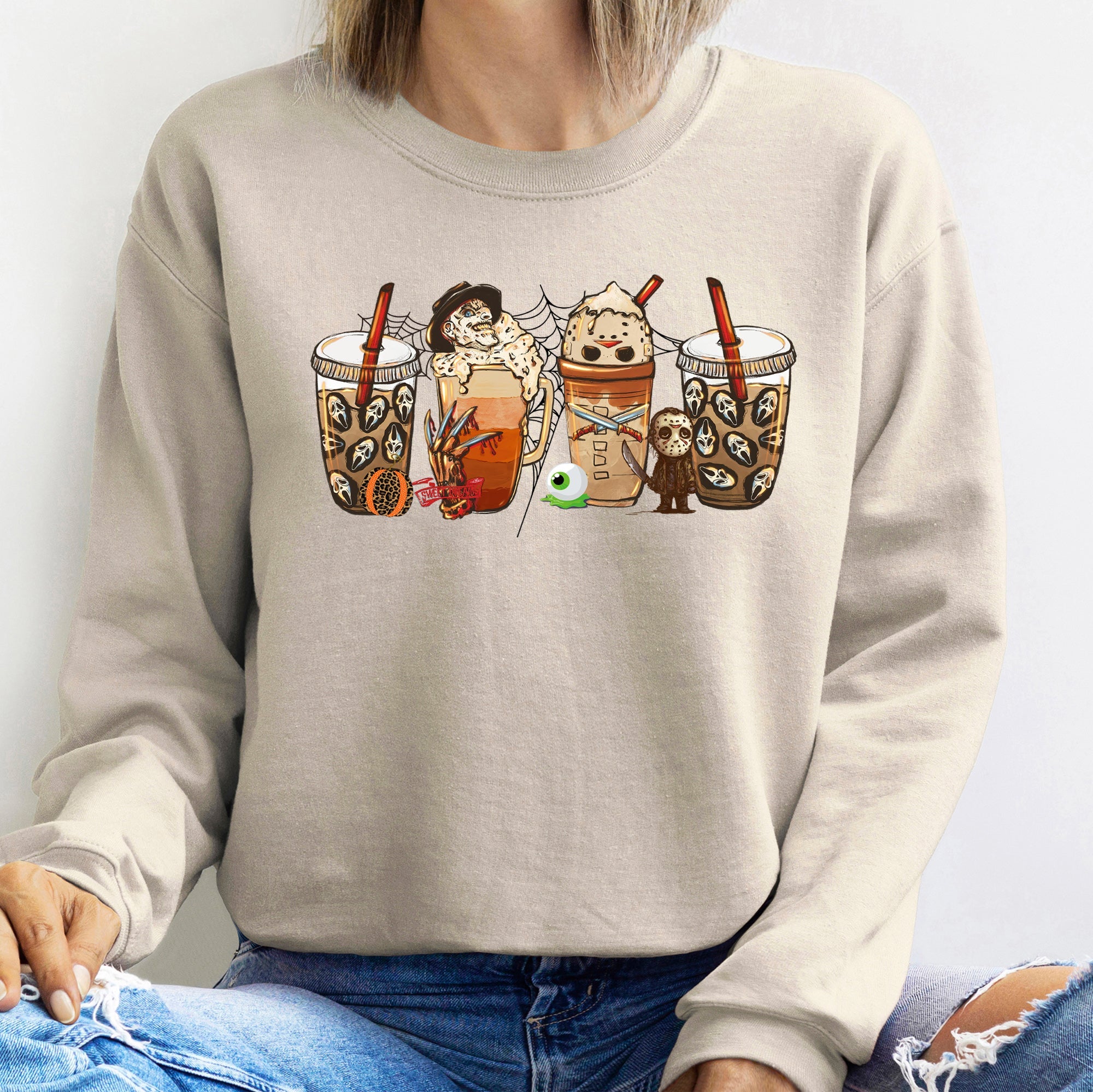 Horror Coffee Vintage Halloween Midnight Brew Ghostly Latte Nighttime Pumpkin Spookiness Sweatshirt