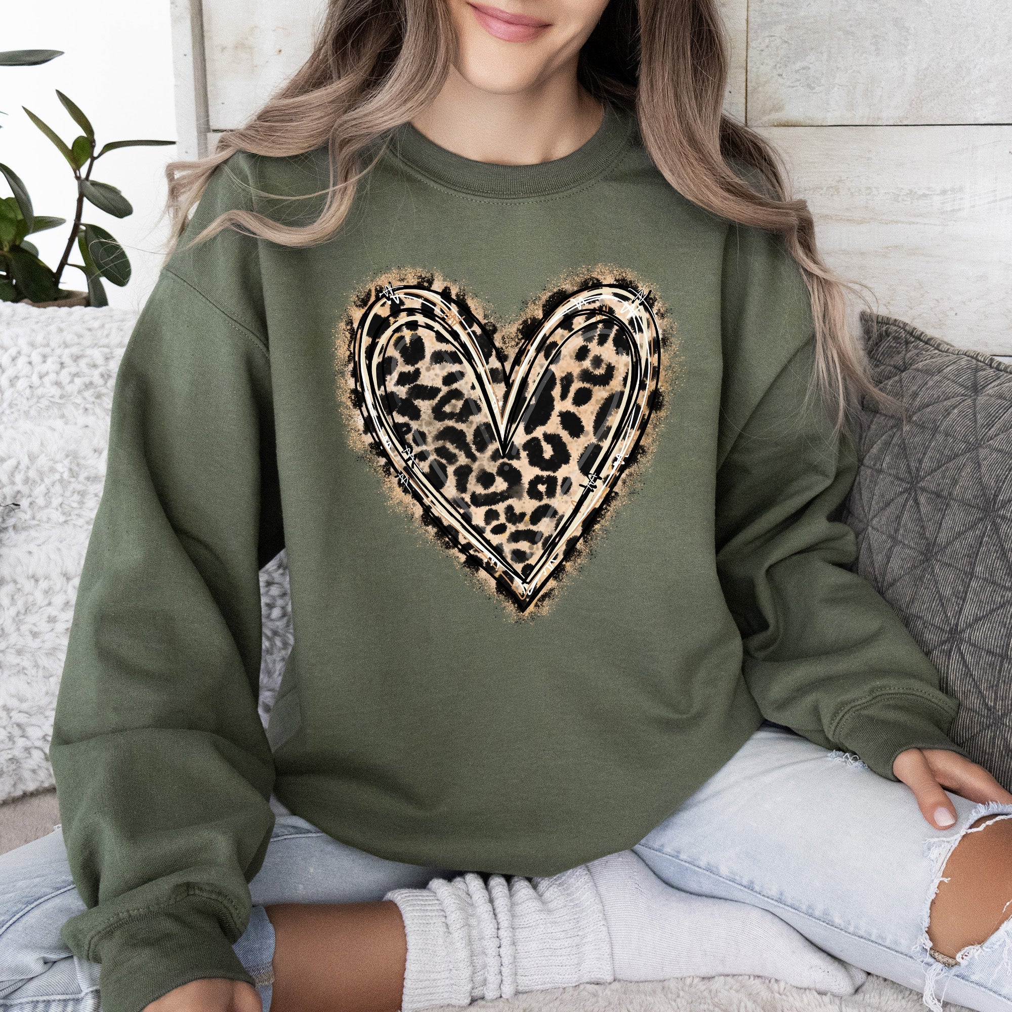 Leopard Print Heart Valentine's Day Cozy Warm Plush Fleece Premium Cotton Blend Soft Touch Graphic Sweatshirt