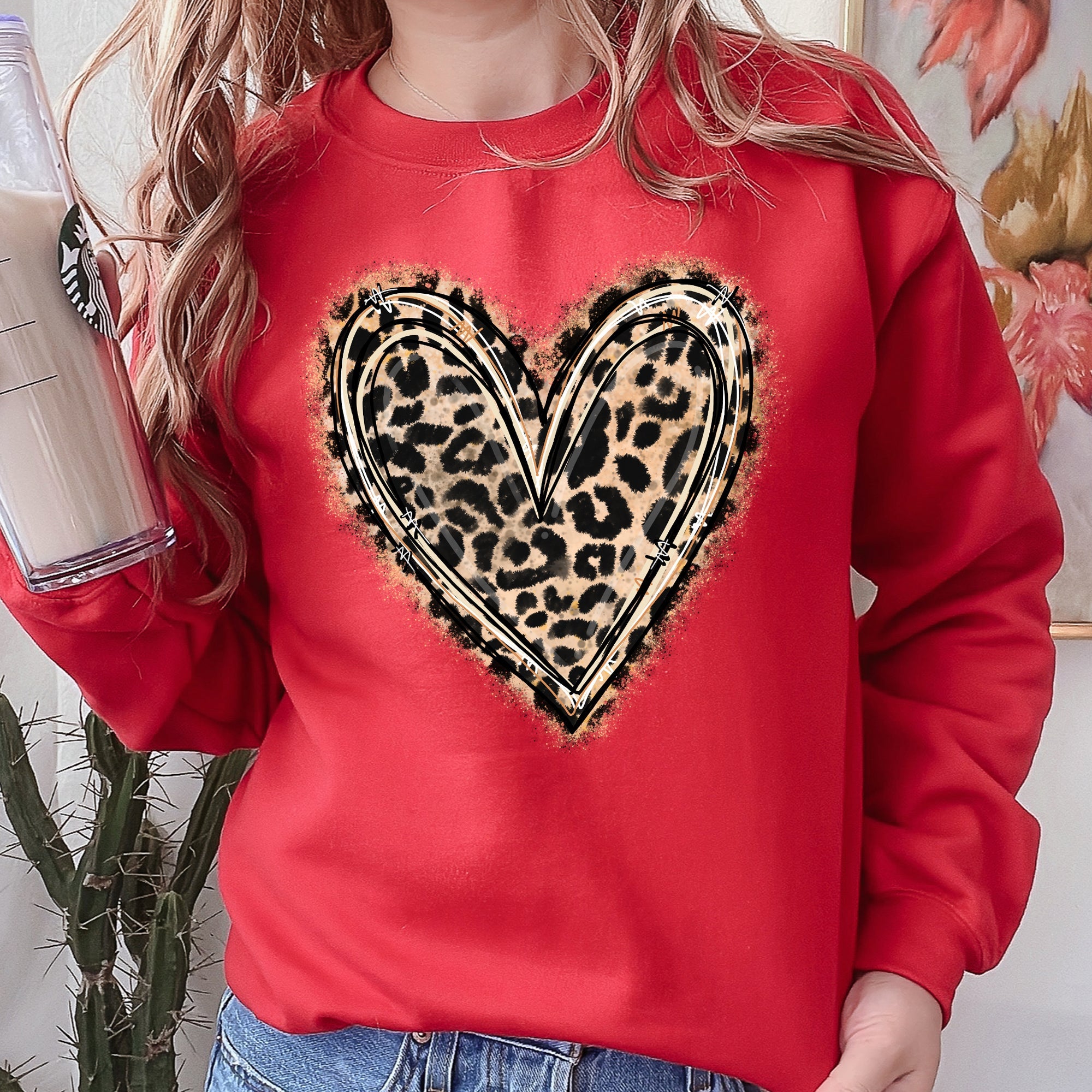 Leopard Print Heart Valentine's Day Cozy Warm Plush Fleece Premium Cotton Blend Soft Touch Graphic Sweatshirt